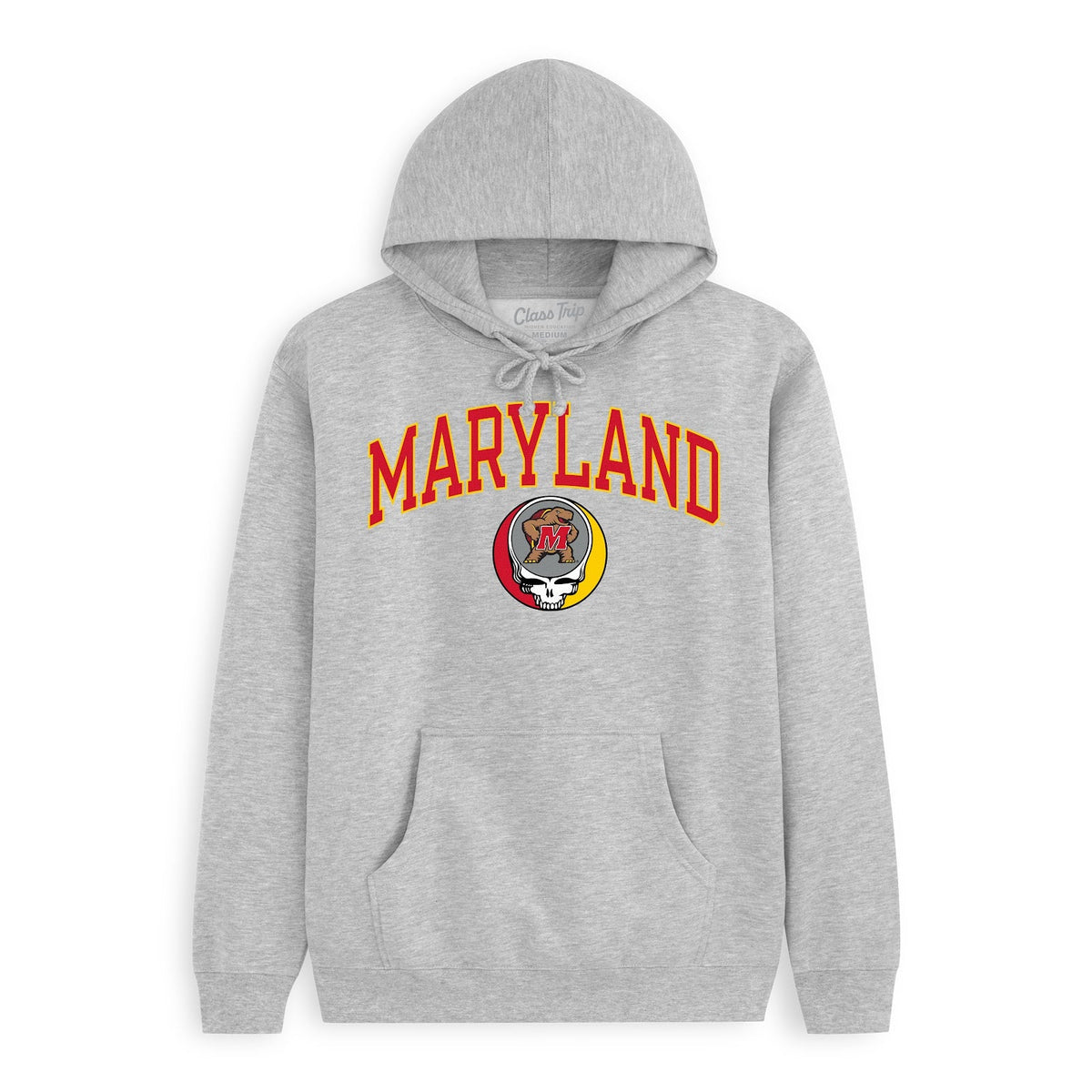 Front flat lay of the Heather Grey Maryland x Grateful Dead Steal Your Face Arch Hoodie. Class Trip | Higher Education