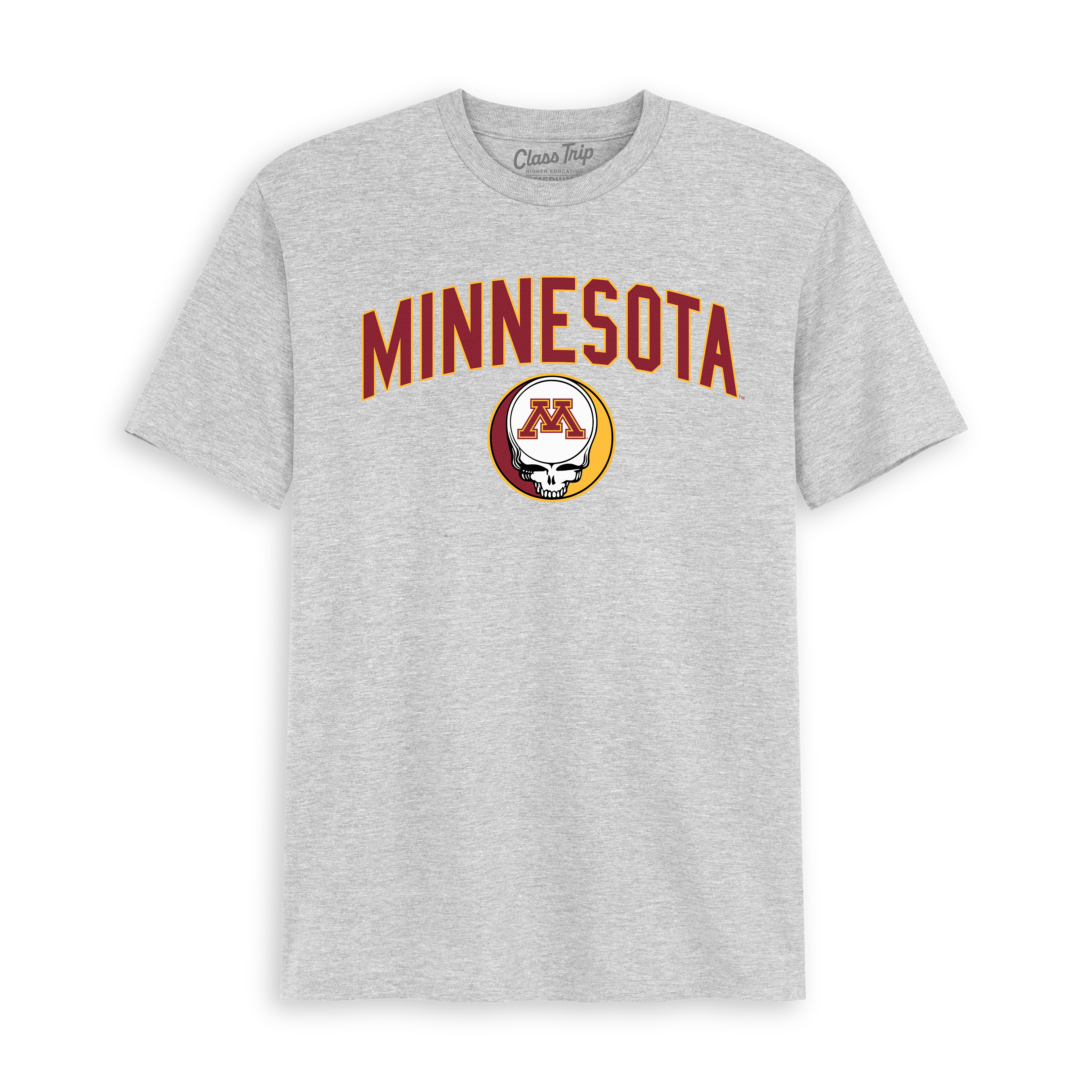 Grey Minnesota collegiate t-shirt with arched logo and skull graphic, Class Trip | Officially Licensed Collegiate Apparel