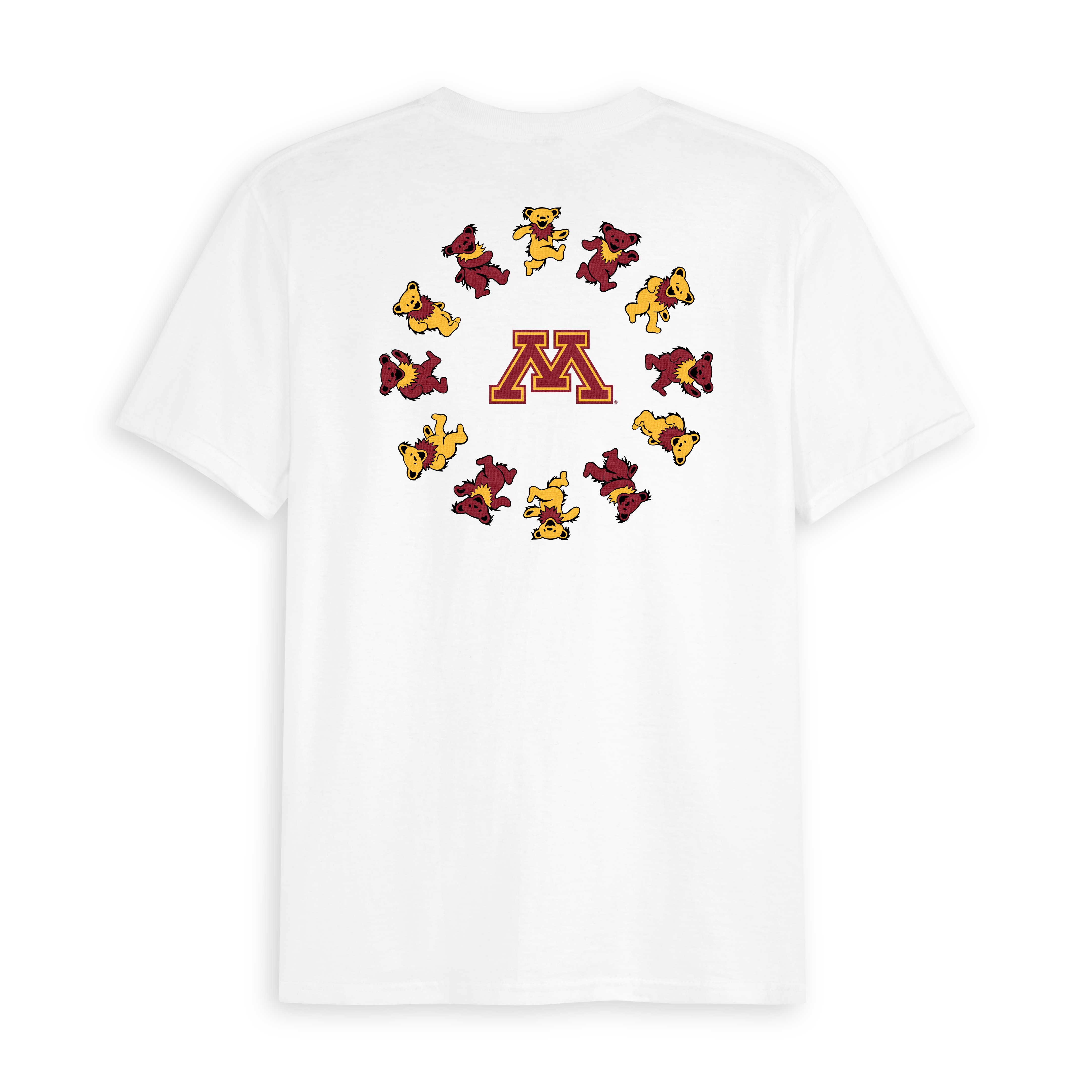 White t-shirt with maroon and gold Minnesota block M logo, surrounded by colorful dancing bears. Class Trip | Officially Licensed Collegiate Apparel
