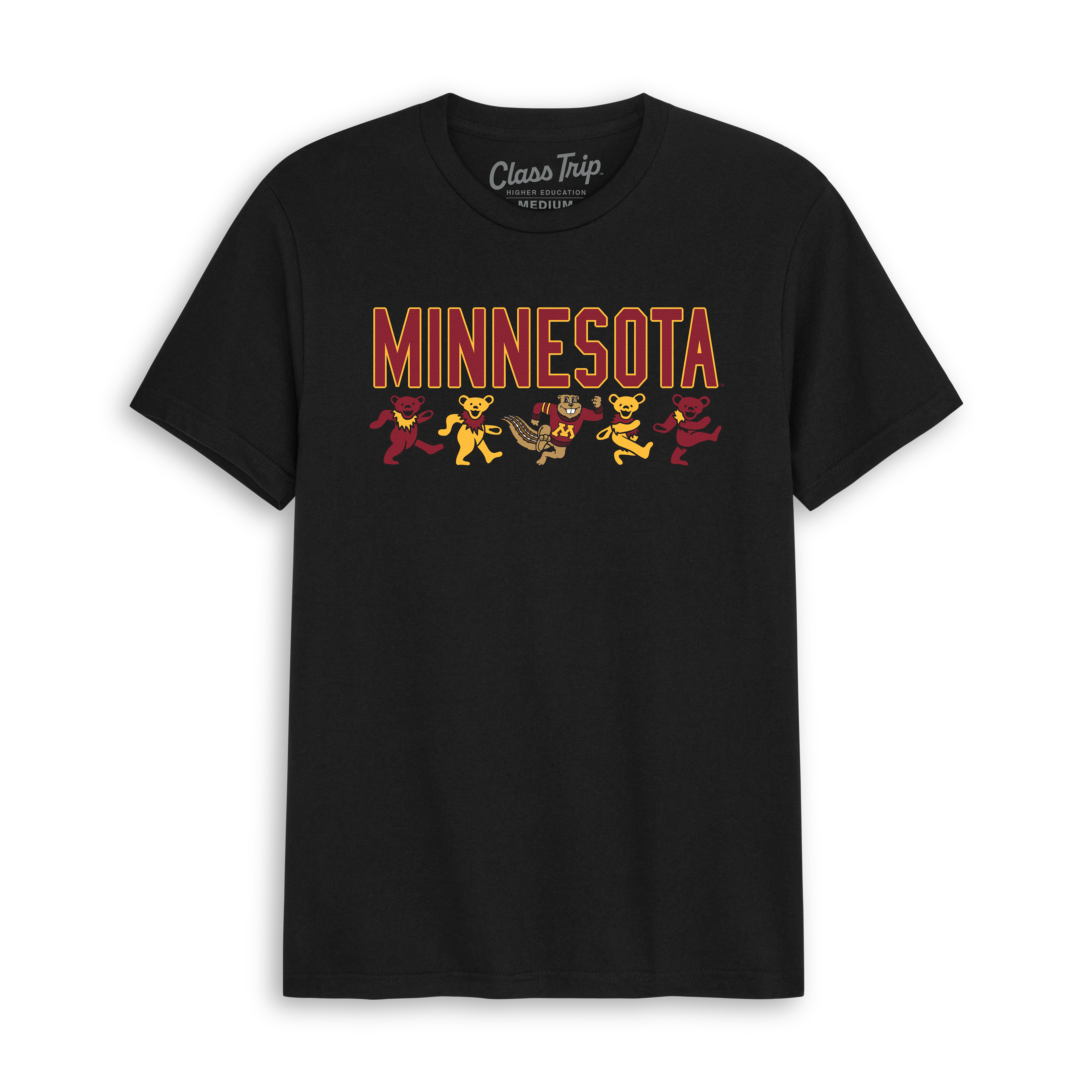 Black Minnesota t-shirt with dancing mascot bears and collegiate lettering. Class Trip | Officially Licensed Collegiate Apparel