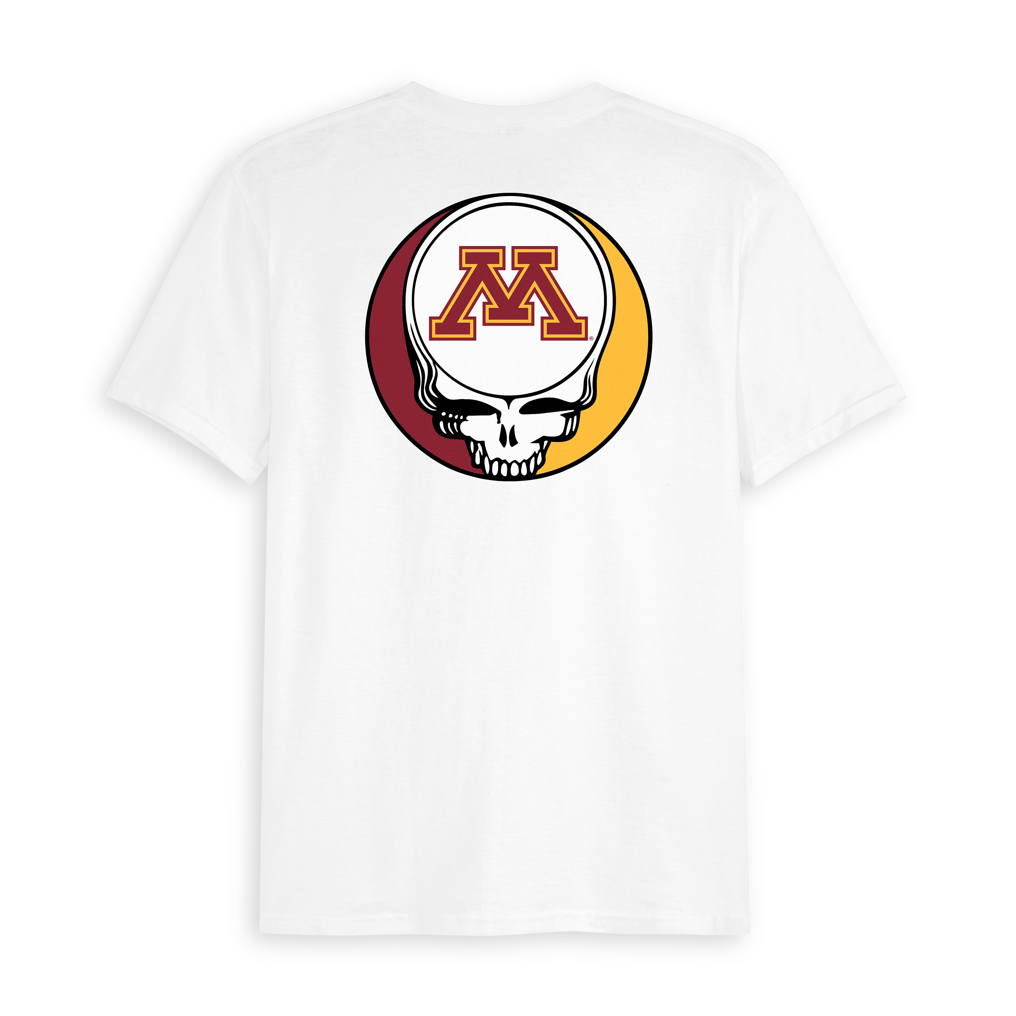 White collegiate tee with maroon and gold skull graphic and university emblem on back. Class Trip | Officially Licensed Collegiate Apparel