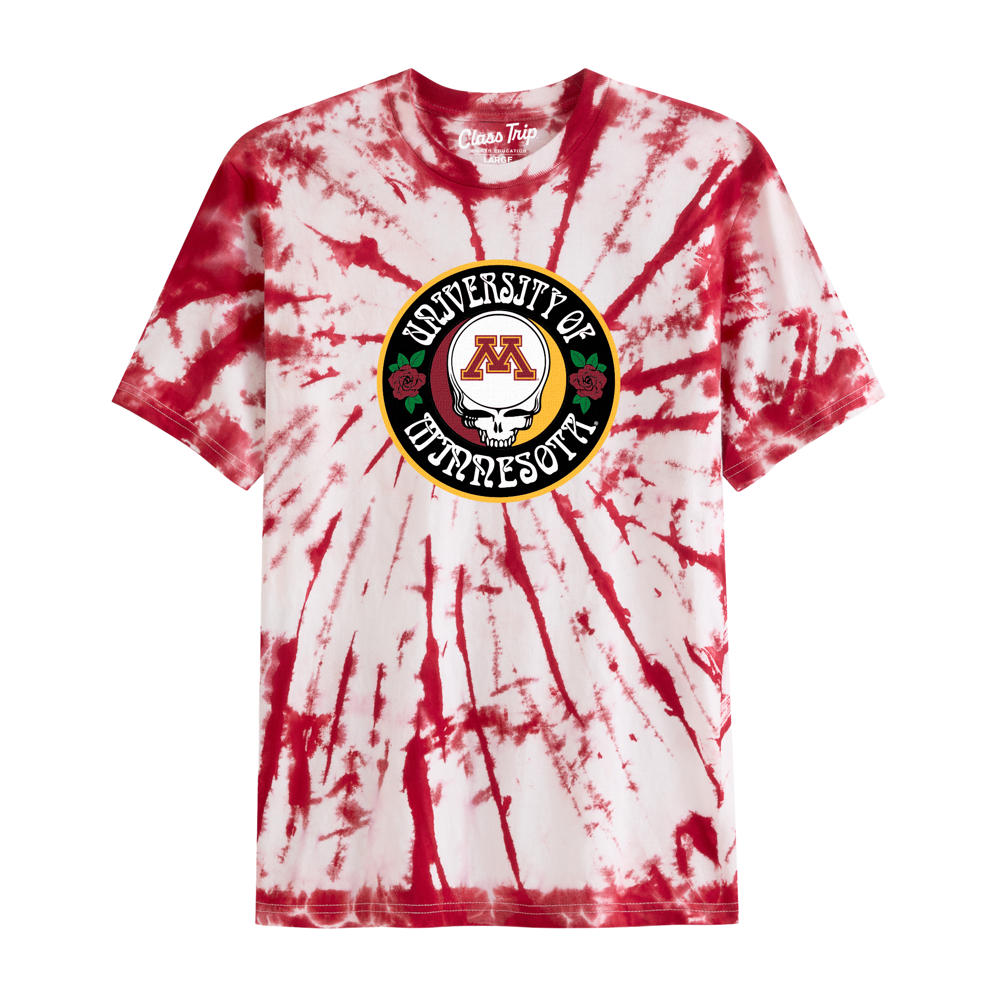Red and white tie-dye University of Minnesota t-shirt with Grateful Dead skull and roses graphic. Class Trip | Officially Licensed Collegiate Apparel