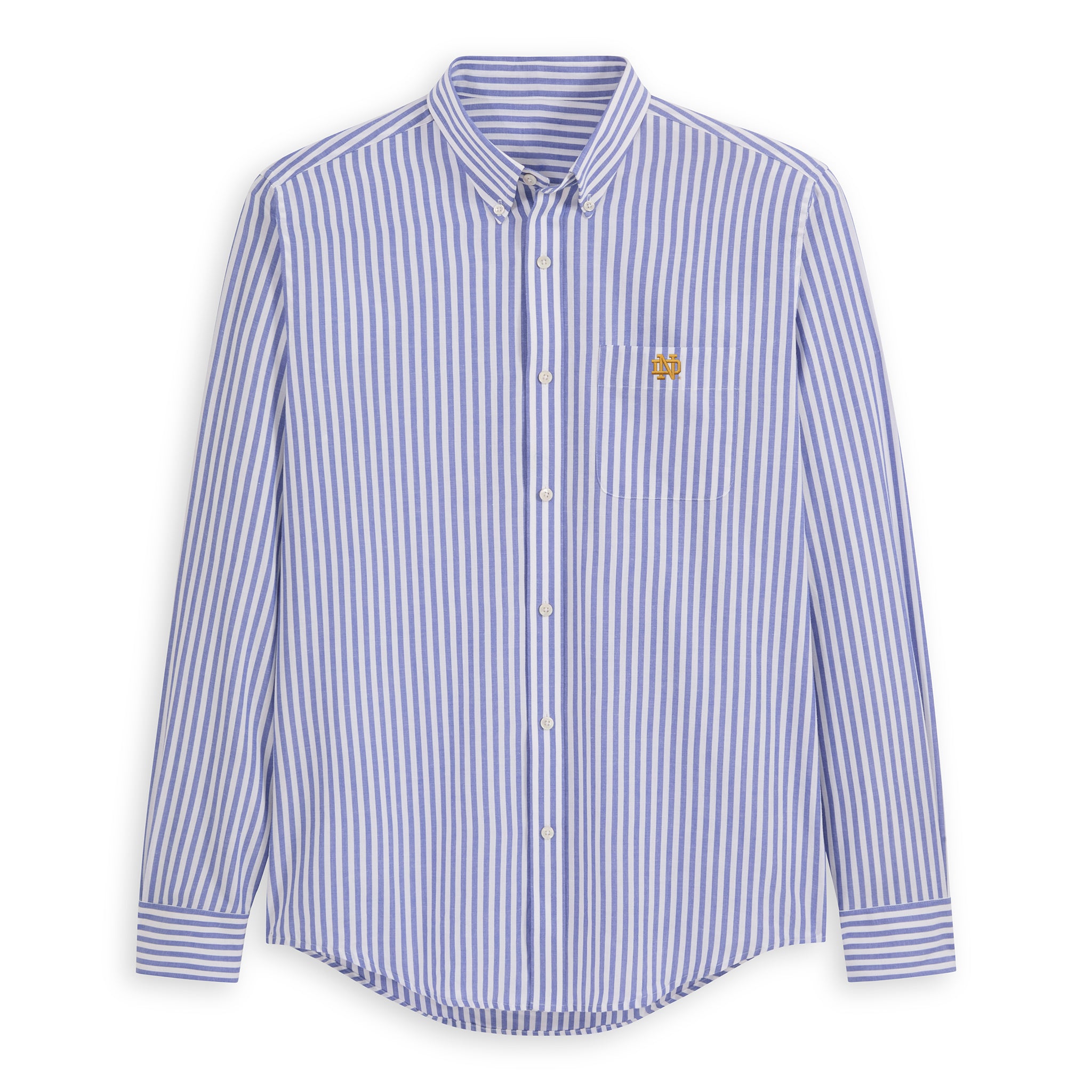 Men's blue and white striped poplin button-down shirt with embroidered university logo, long sleeves. Class Trip | Officially Licensed Collegiate Apparel