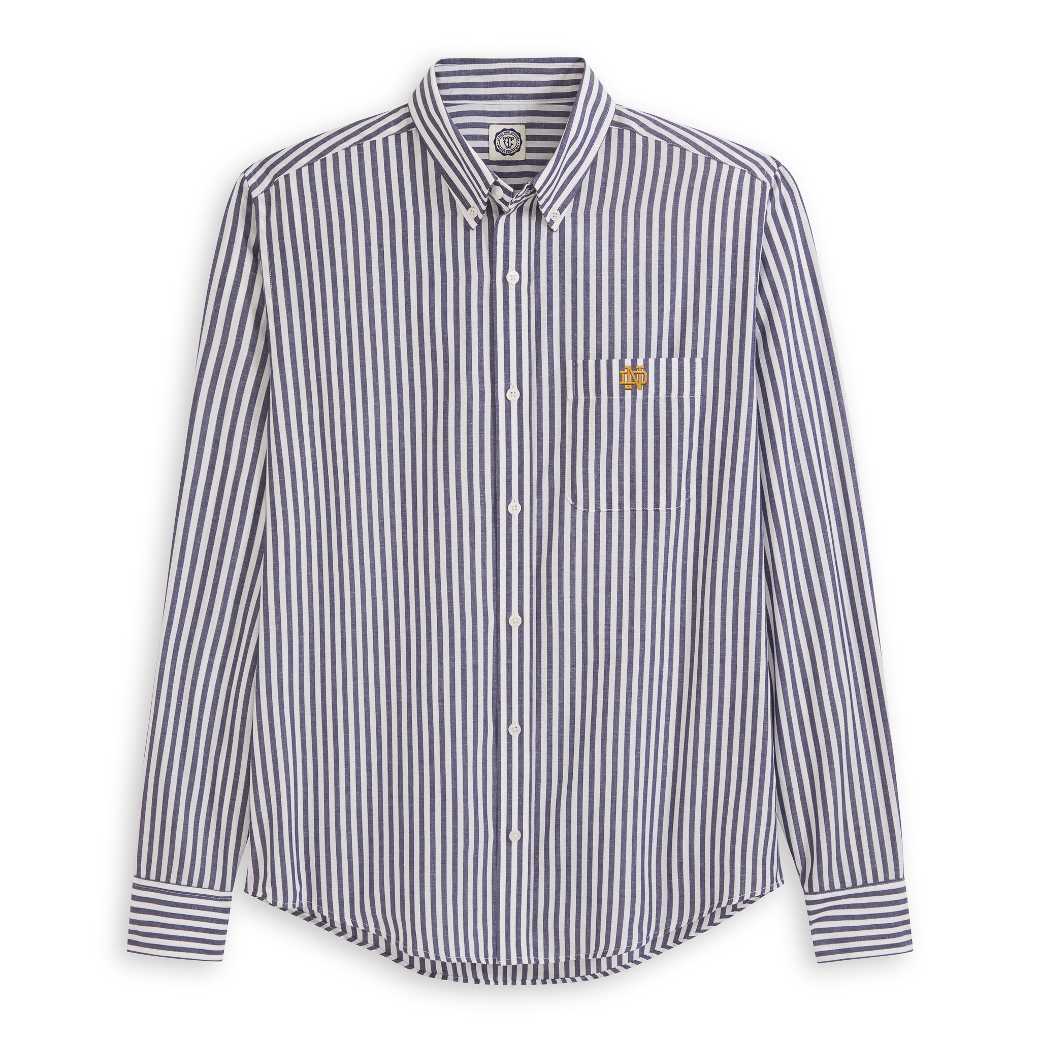 Men's navy and white striped poplin button-up shirt with chest pocket logo. Class Trip | Officially Licensed Collegiate Apparel