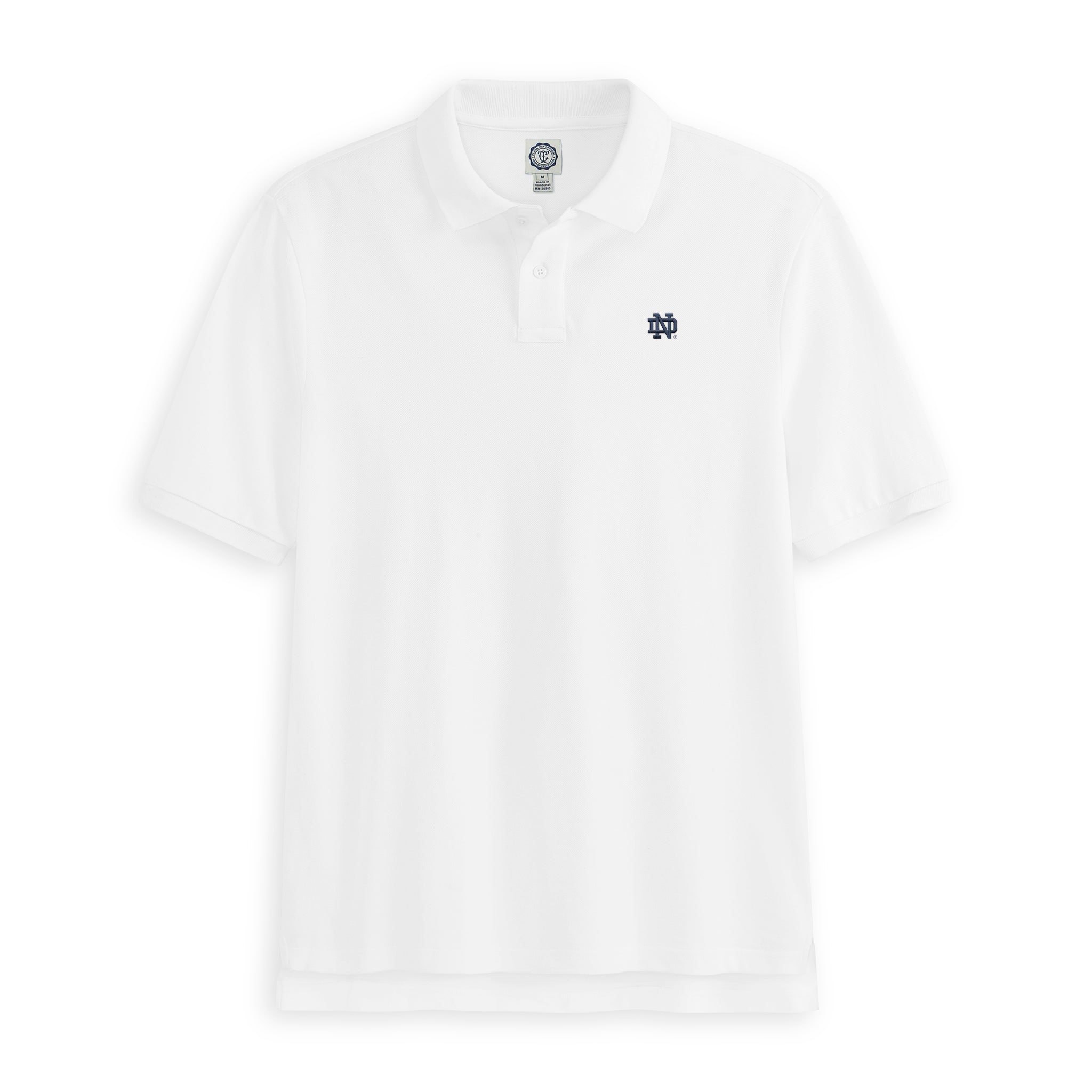 White collegiate polo shirt with embroidered logo on chest, short sleeves, flat lay. Class Trip | Officially Licensed Collegiate Apparel