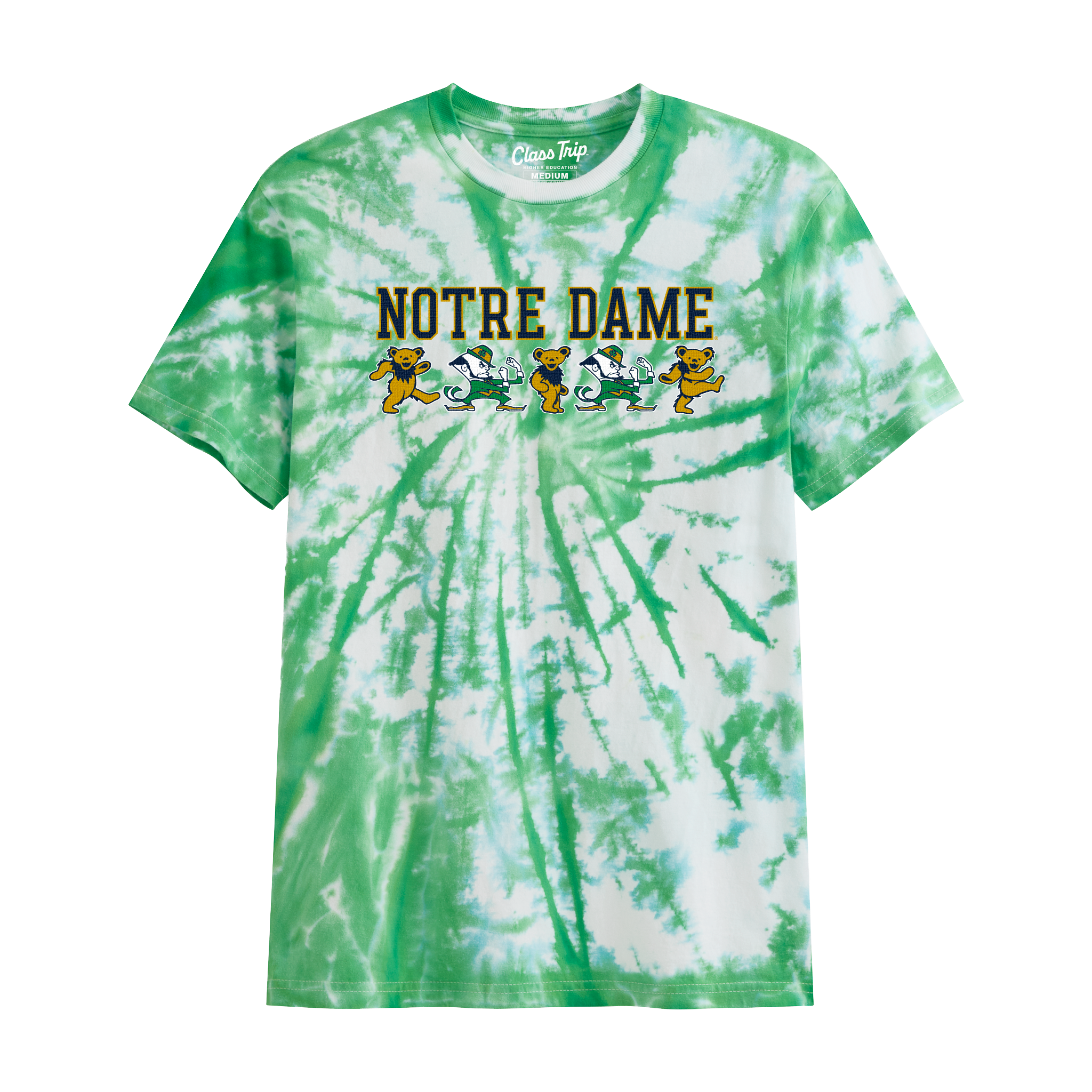 Green tie-dye Notre Dame t-shirt with dancing bear mascots, collegiate graphic tee. Class Trip | Officially Licensed Collegiate Apparel