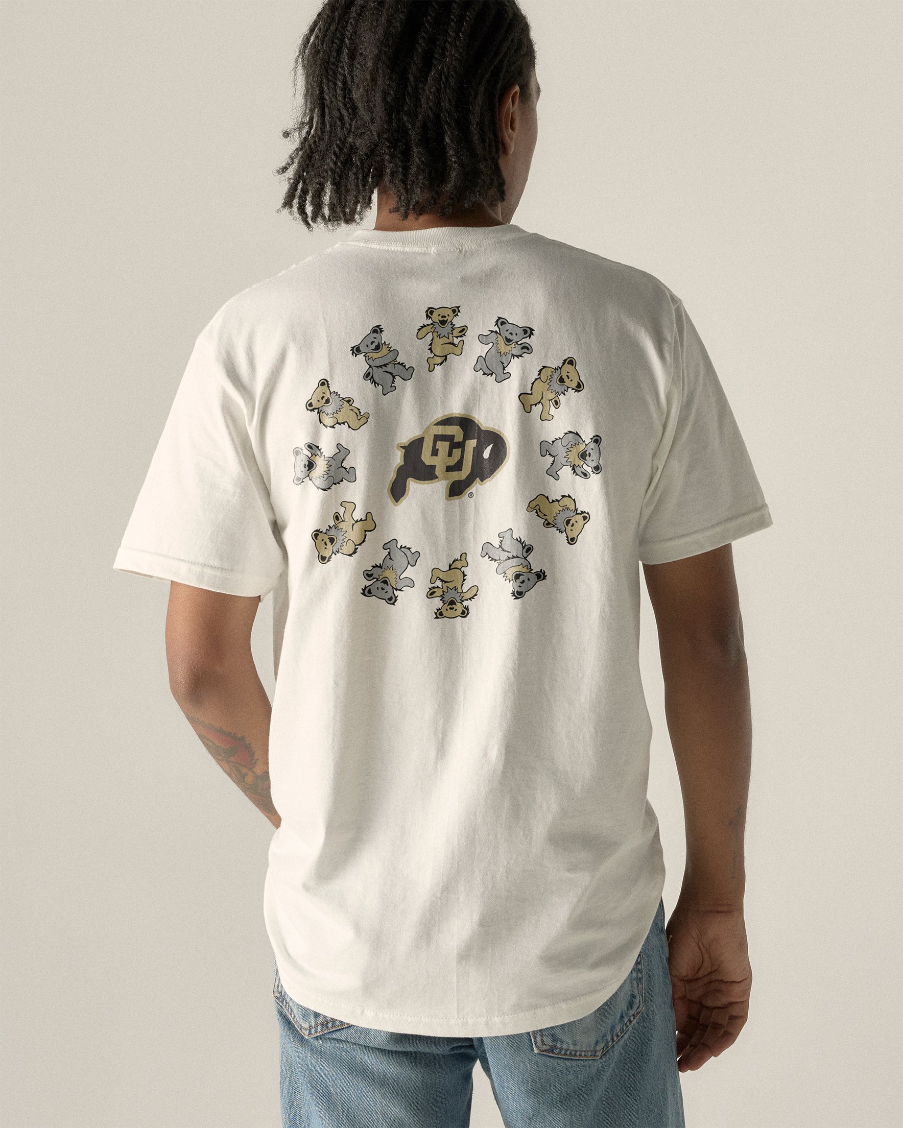 White t-shirt with dancing bears and CU logo, Class Trip | Higher Education
