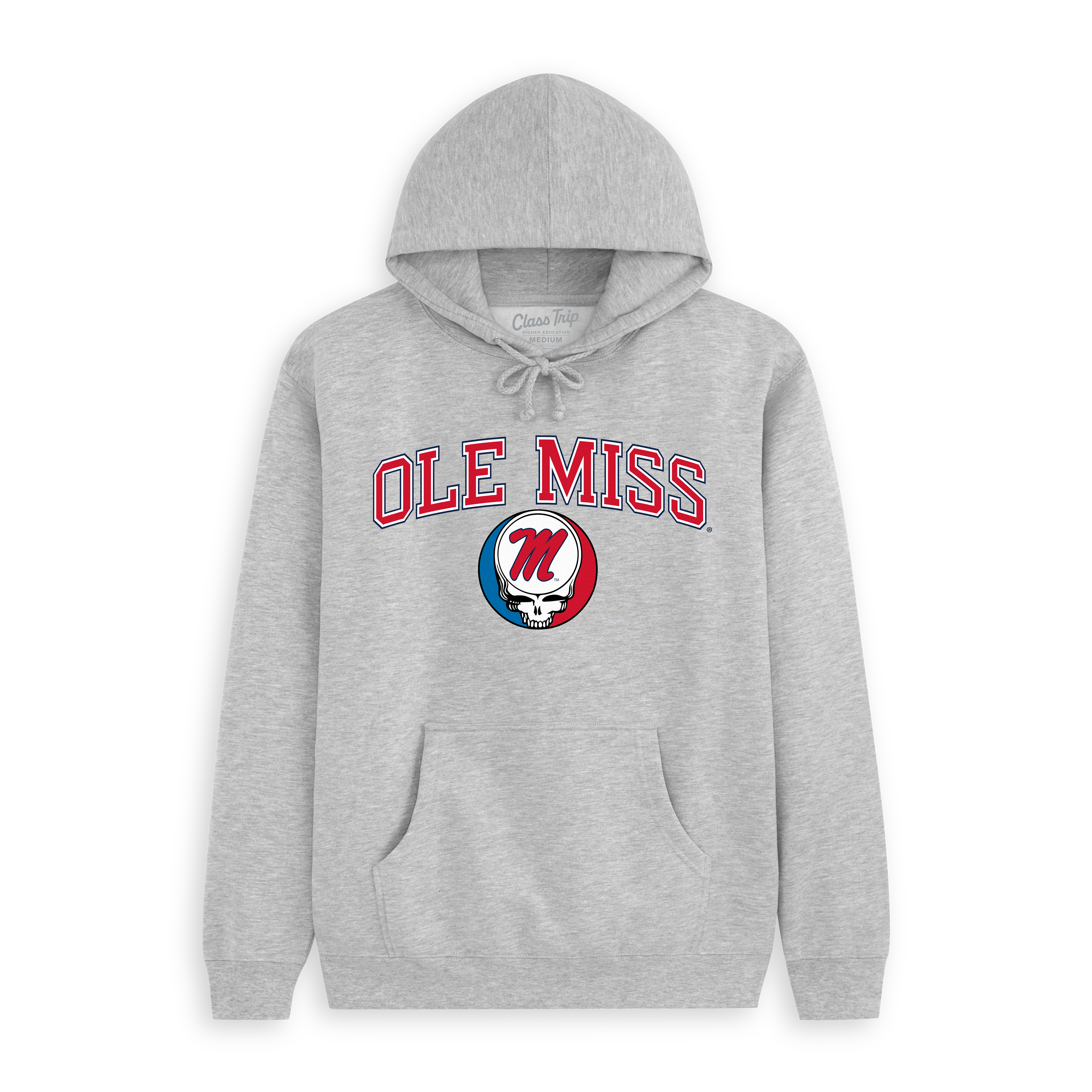 Gray hoodie with OLE MISS text and skull logo, collegiate sweatshirt. Class Trip | Officially Licensed Collegiate Apparel