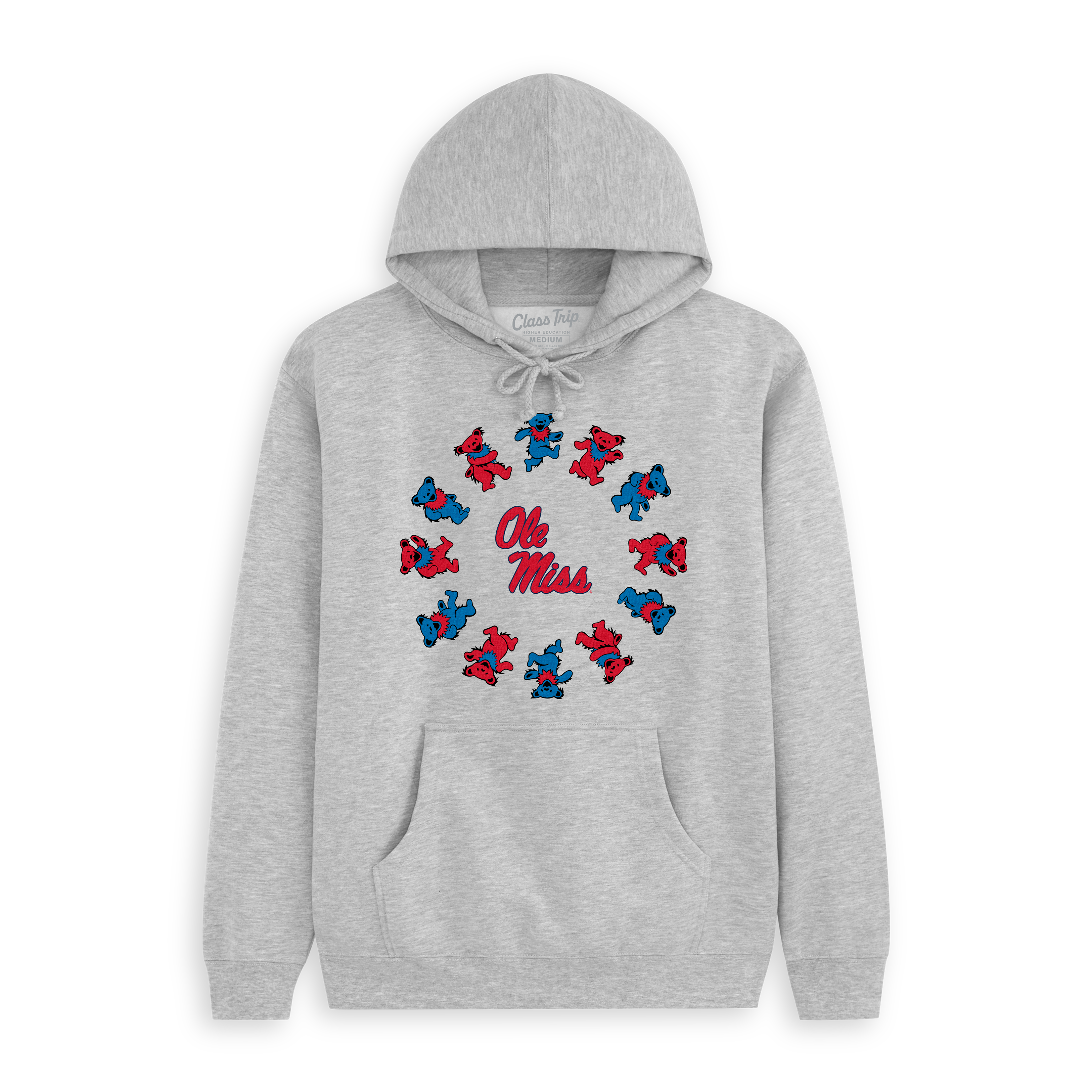 Gray Ole Miss hoodie with red and blue dancing bears in a circle graphic, collegiate apparel. Class Trip | Officially Licensed Collegiate Apparel