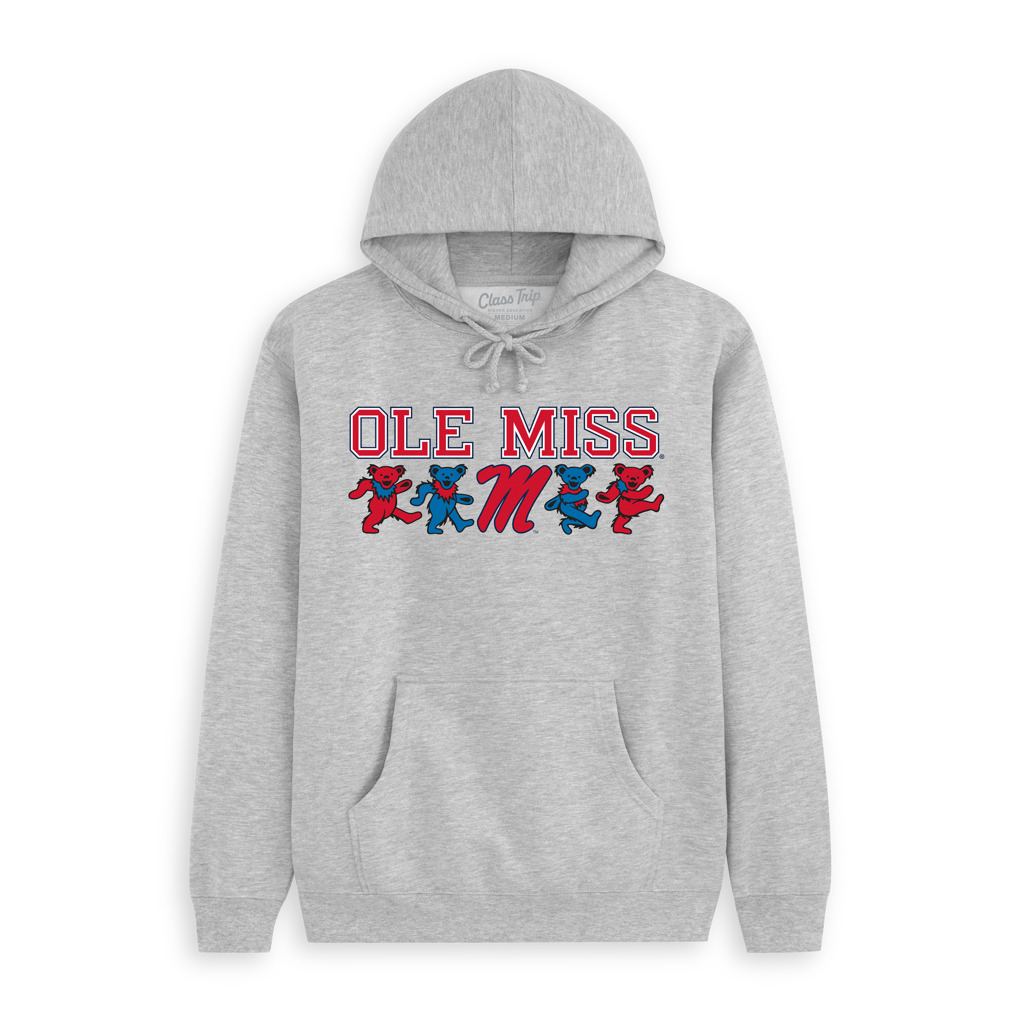 Gray Ole Miss hoodie with red and blue dancing bears and college logo. Class Trip | Officially Licensed Collegiate Apparel