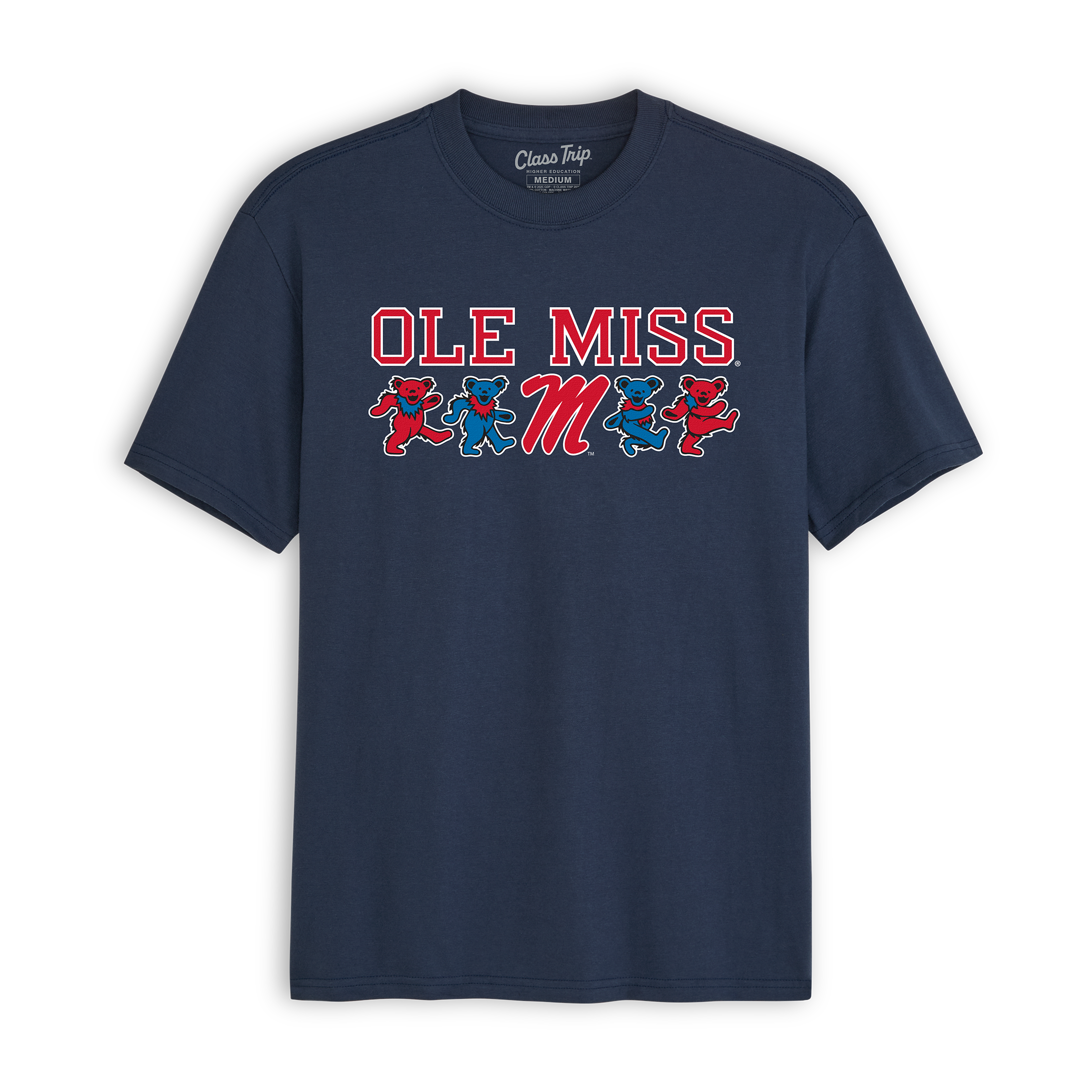Navy Ole Miss t-shirt with red and blue dancing bears and collegiate logo. Class Trip | Officially Licensed Collegiate Apparel