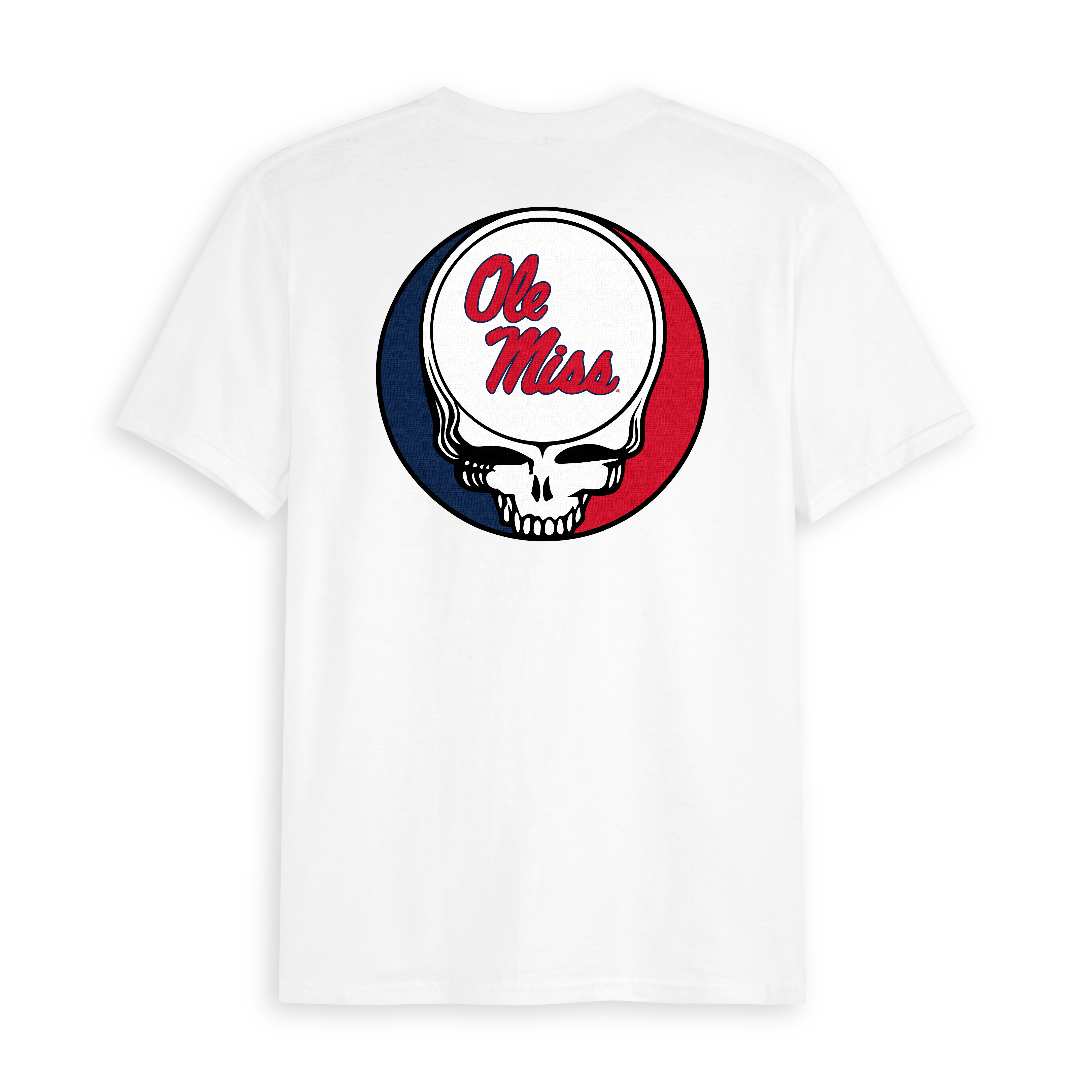 White tee with Ole Miss text and red, blue, and white skull logo on back. Class Trip | Officially Licensed Collegiate Apparel