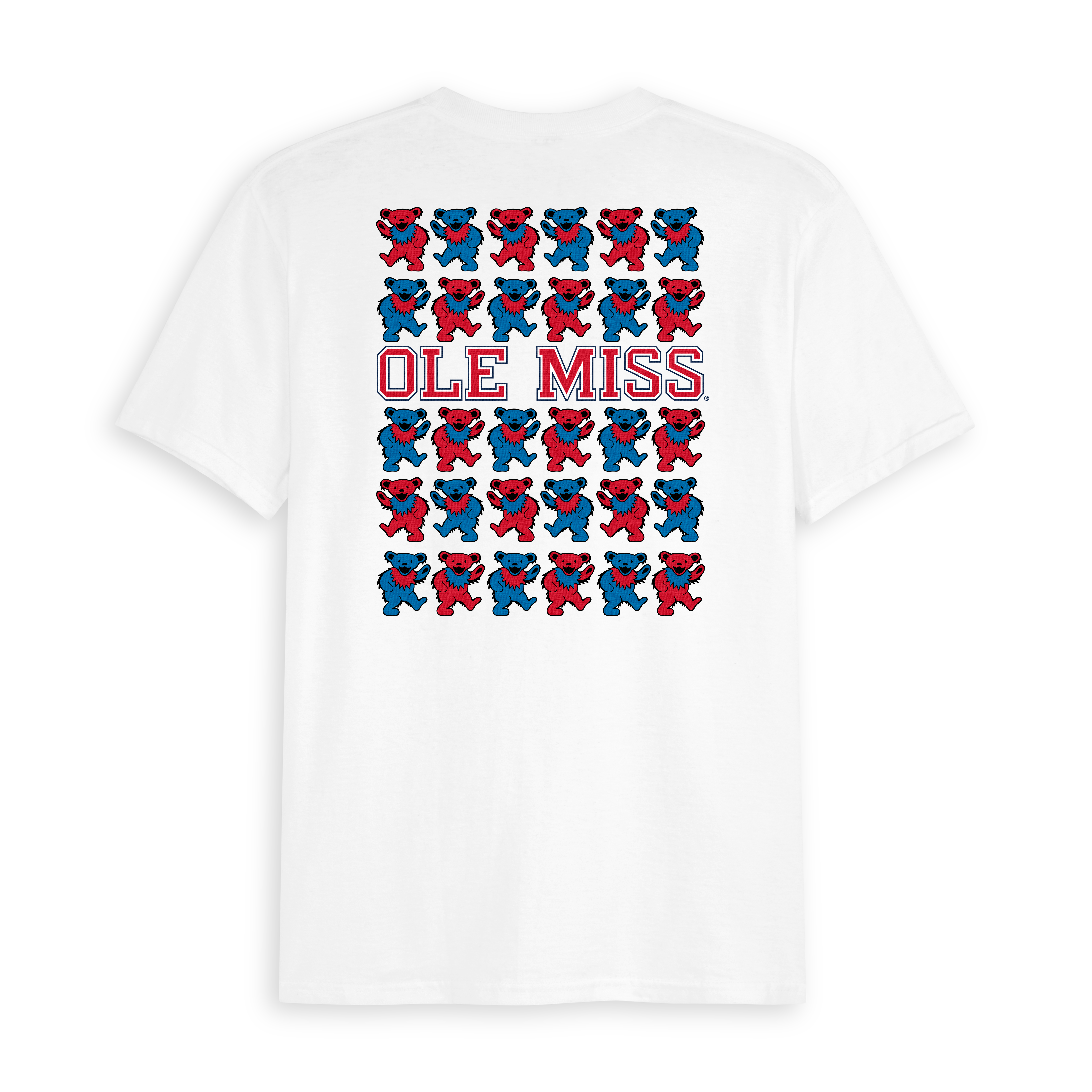 White t-shirt with Ole Miss text and red and blue dancing bears graphic on the back. Class Trip | Officially Licensed Collegiate Apparel