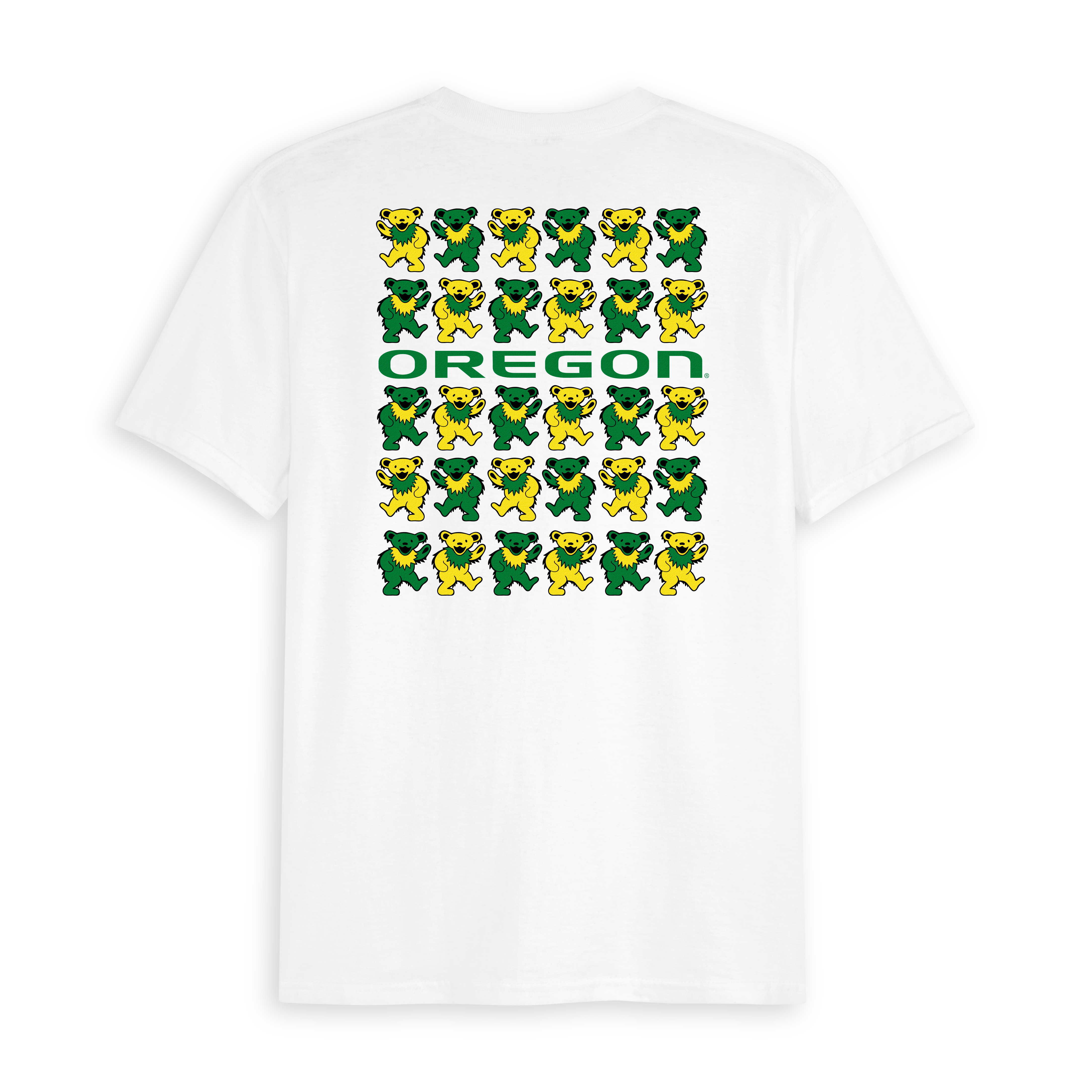 White t-shirt with stacked green and yellow bear graphics and 'OREGON' text on back. Class Trip | Officially Licensed Collegiate Apparel