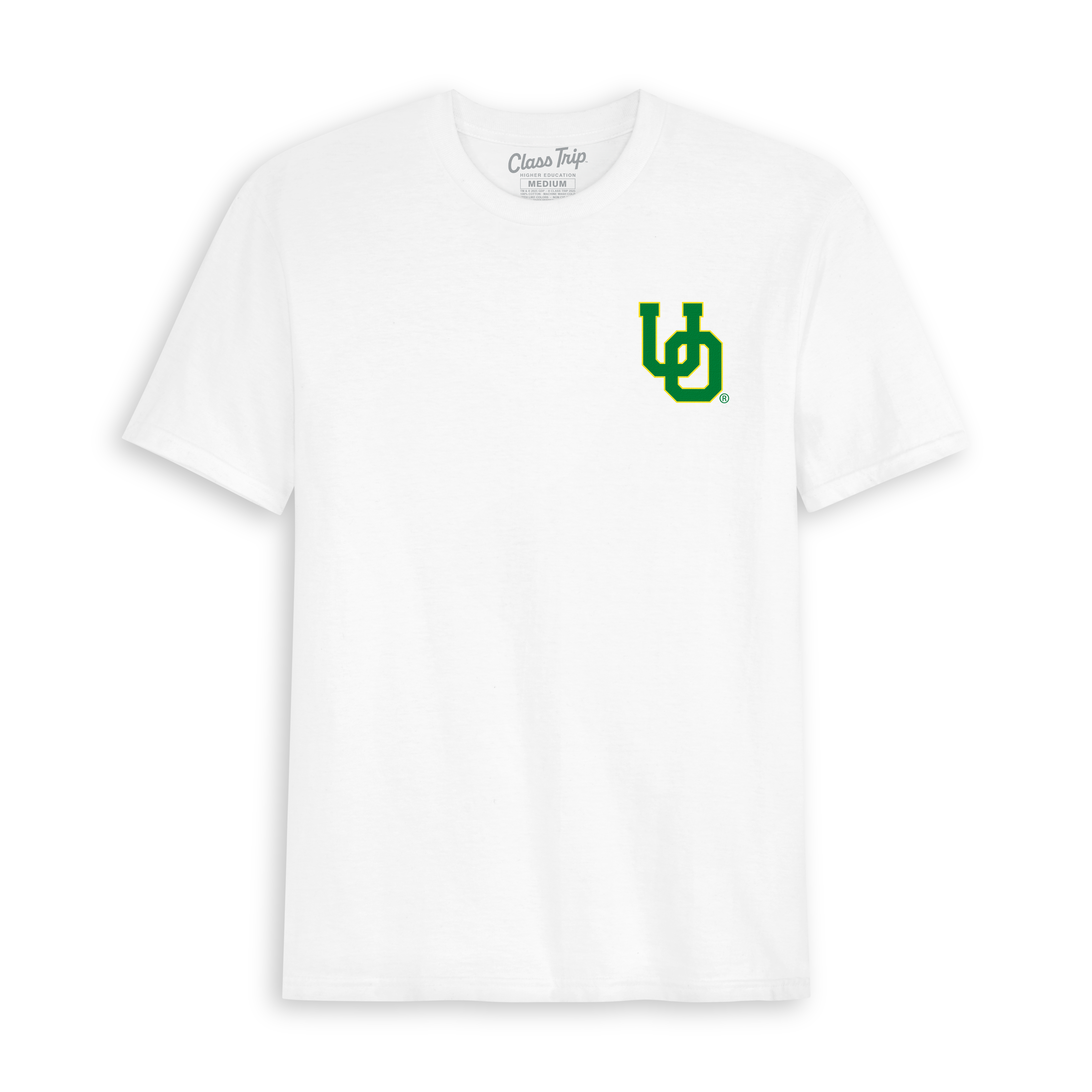 White t-shirt with green and yellow collegiate logo on chest. Class Trip | Officially Licensed Collegiate Apparel