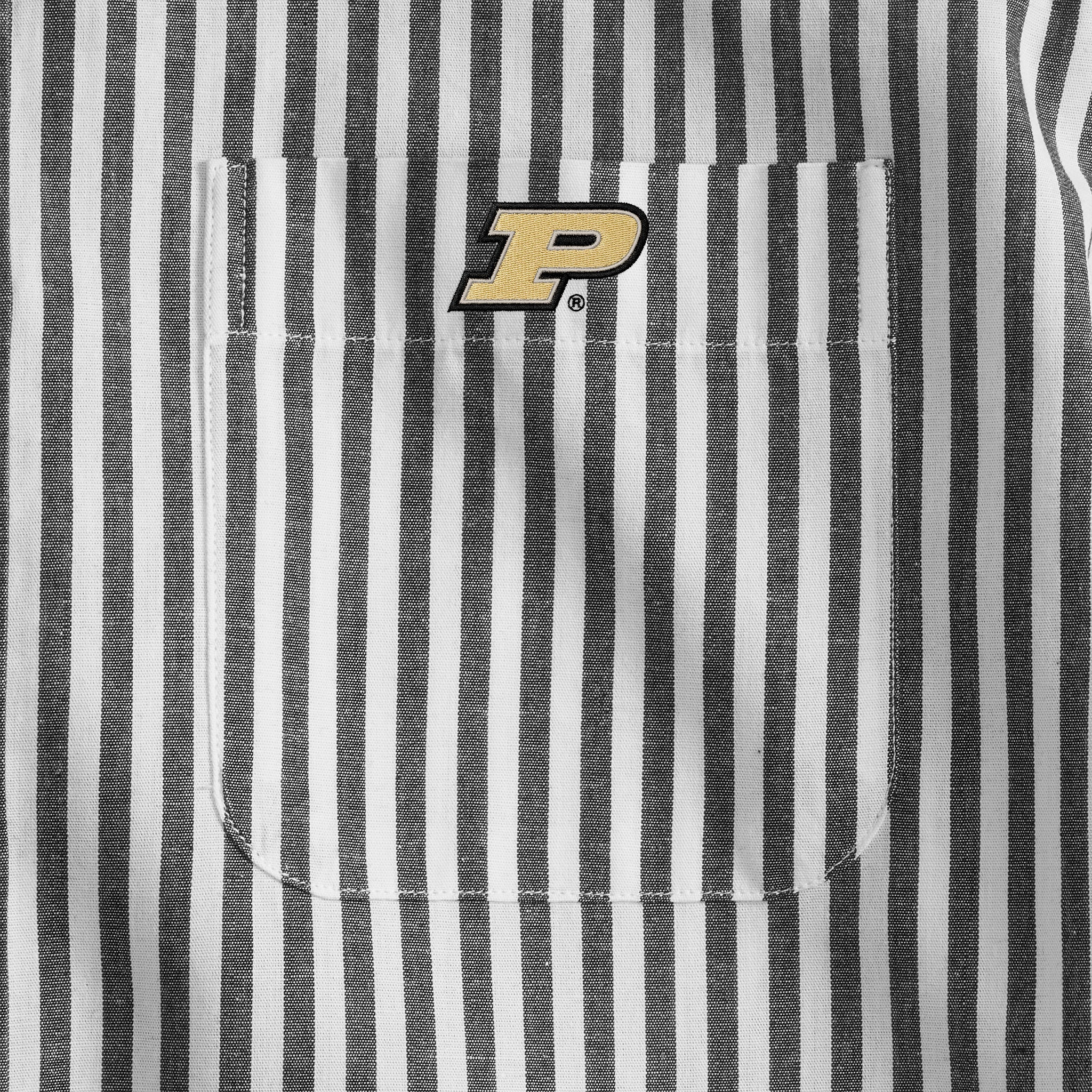 Men's black and white striped shirt pocket with collegiate logo. Class Trip | Officially Licensed Collegiate Apparel