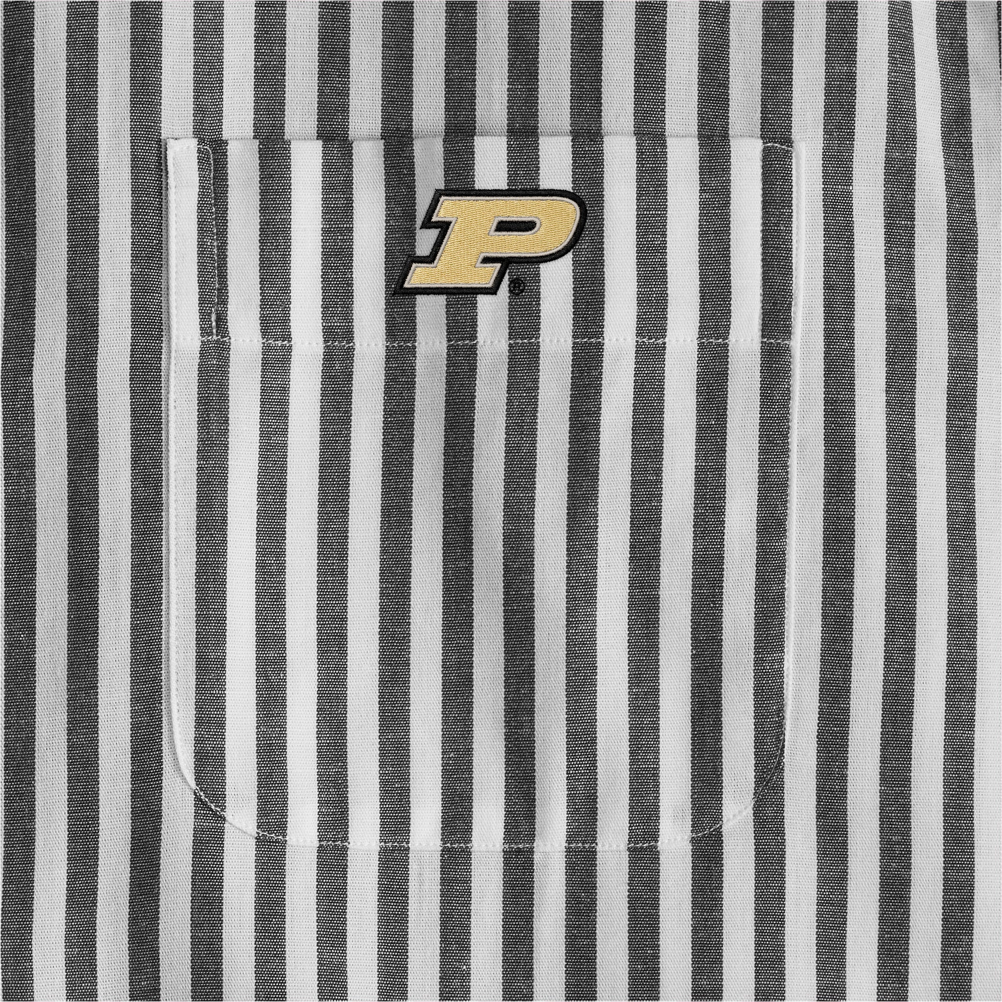 Black and white striped shirt pocket with collegiate P logo, cotton poplin fabric. Class Trip | Officially Licensed Collegiate Apparel
