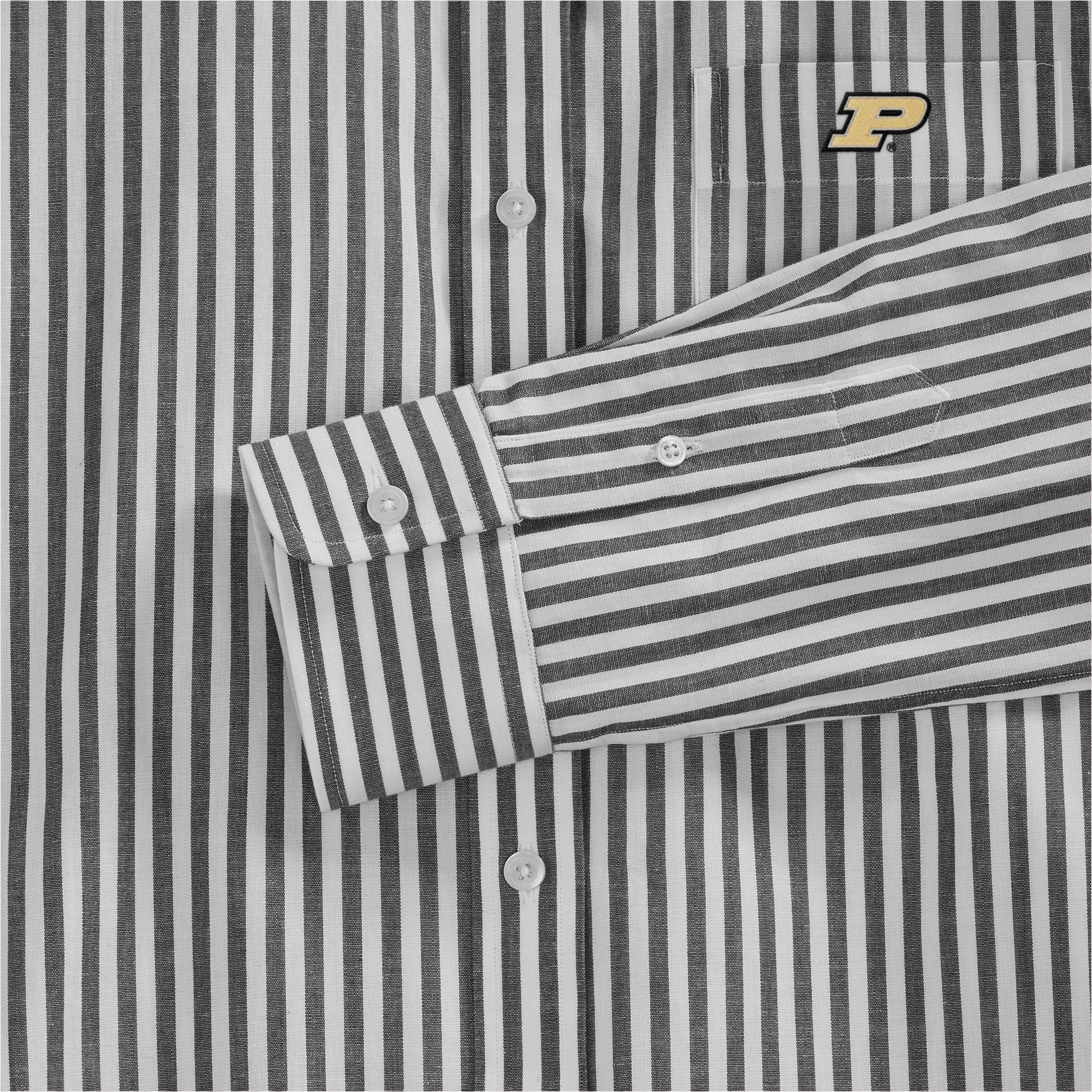 Black and white striped poplin shirt with Purdue logo detail, button cuffs. Class Trip | Officially Licensed Collegiate Apparel