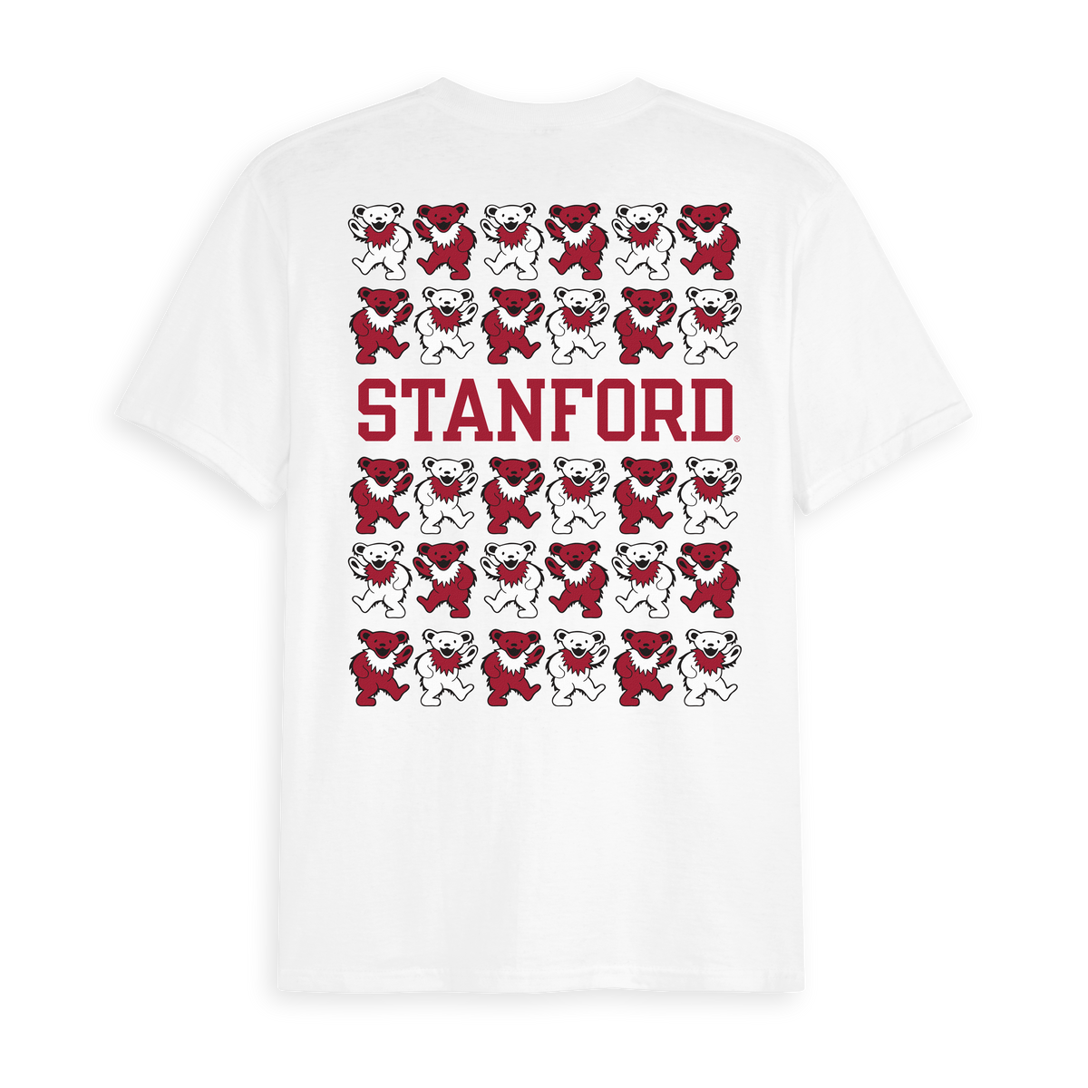 White Class Trip t-shirt with red and white dancing bears and STANFORD text. Stanford x Grateful Dead Stacked Bears Tee Class Trip | Higher Education