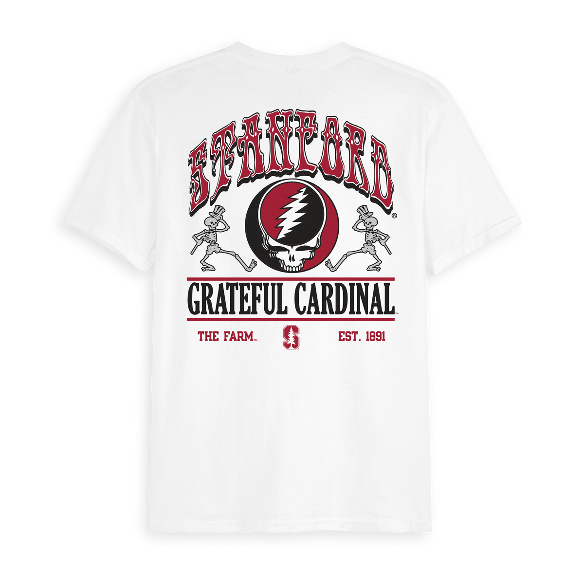 White Class Trip t-shirt featuring a Stanford x Grateful Dead mashup graphic. Stanford x Grateful Dead Shakedown Tee Class Trip | Higher Education
