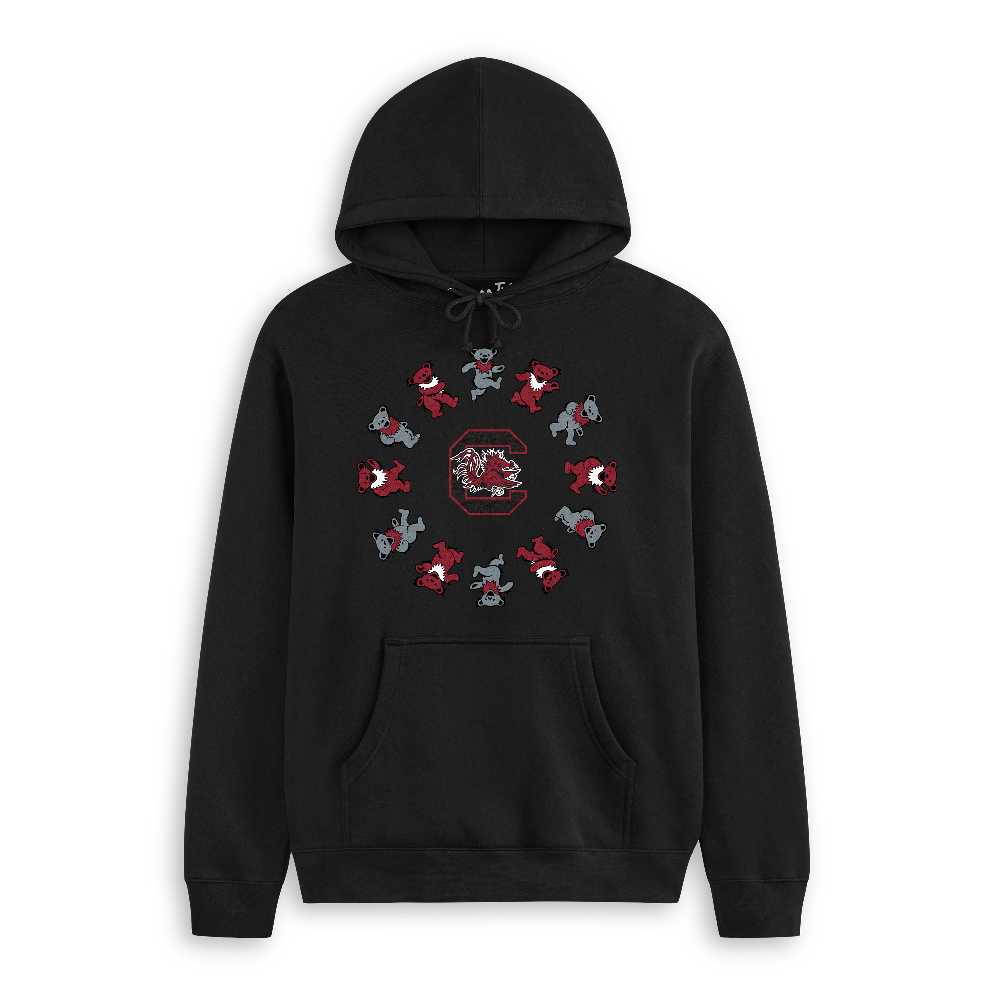 Black hoodie featuring South Carolina Gamecocks logo and colorful dancing bears. Class Trip | Officially Licensed Collegiate Apparel