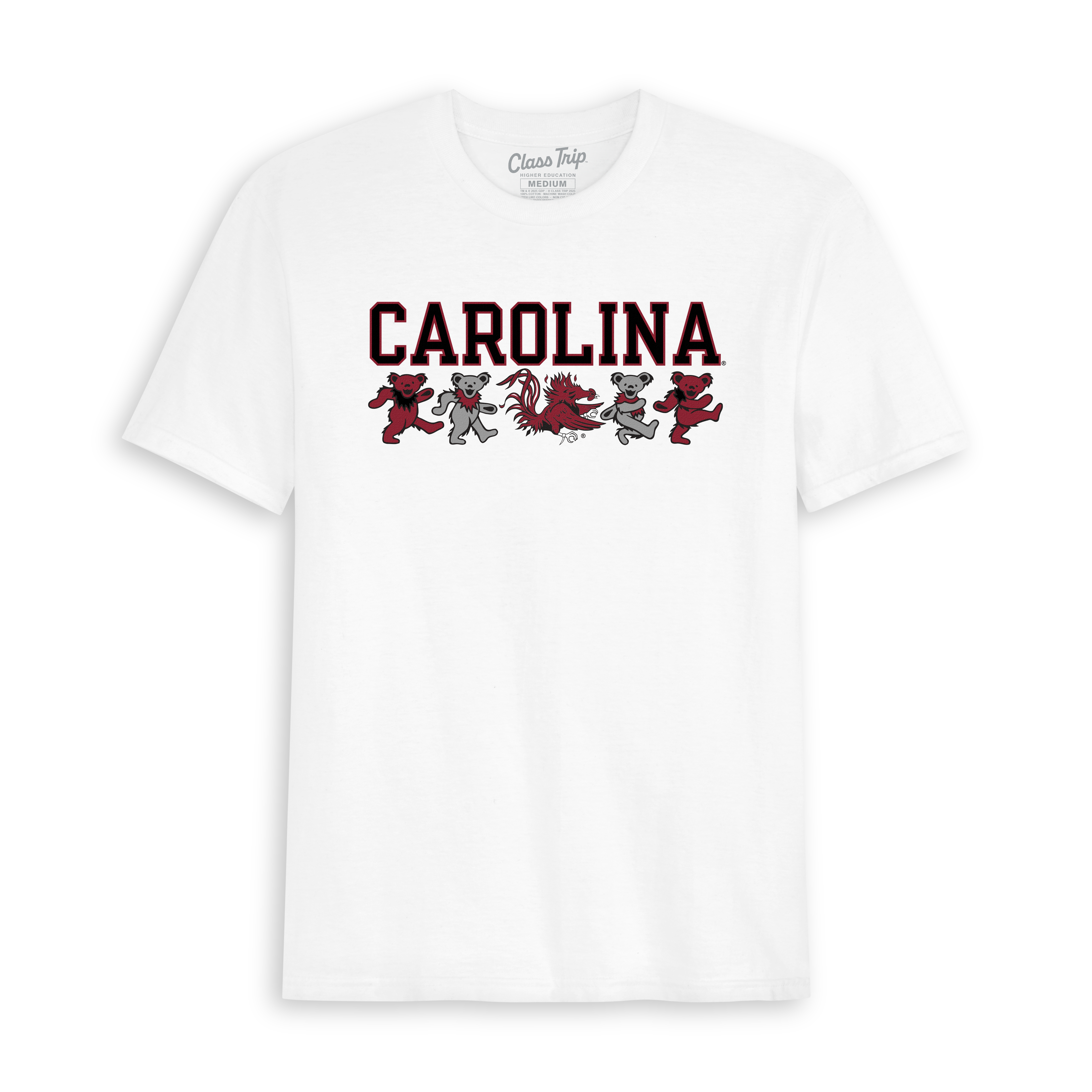 White South Carolina collegiate t-shirt with dancing bears and mascot graphic, Class Trip | Officially Licensed Collegiate Apparel