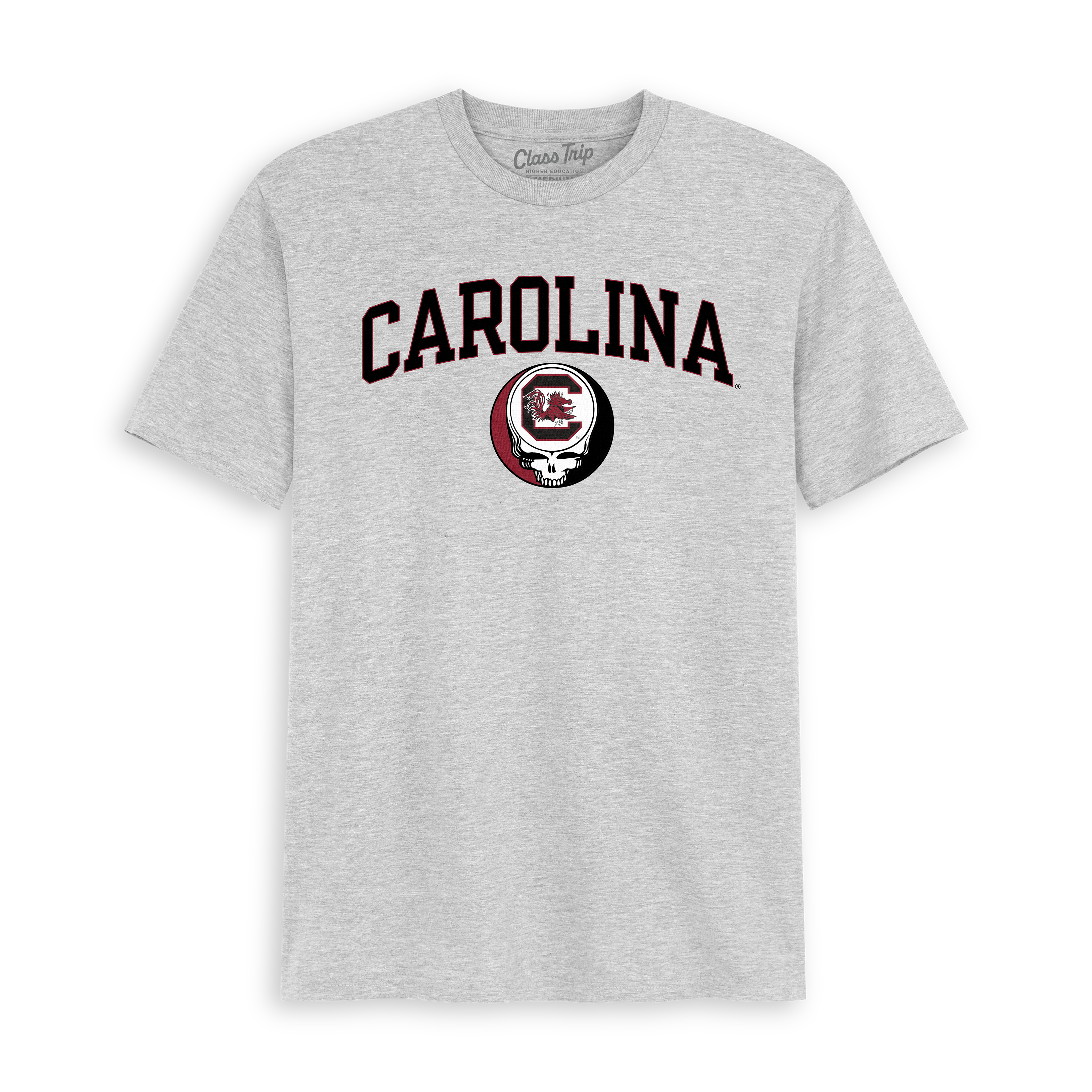 Heather gray Carolina collegiate t-shirt with Gamecocks logo and Steal Your Face graphic. Class Trip | Officially Licensed Collegiate Apparel
