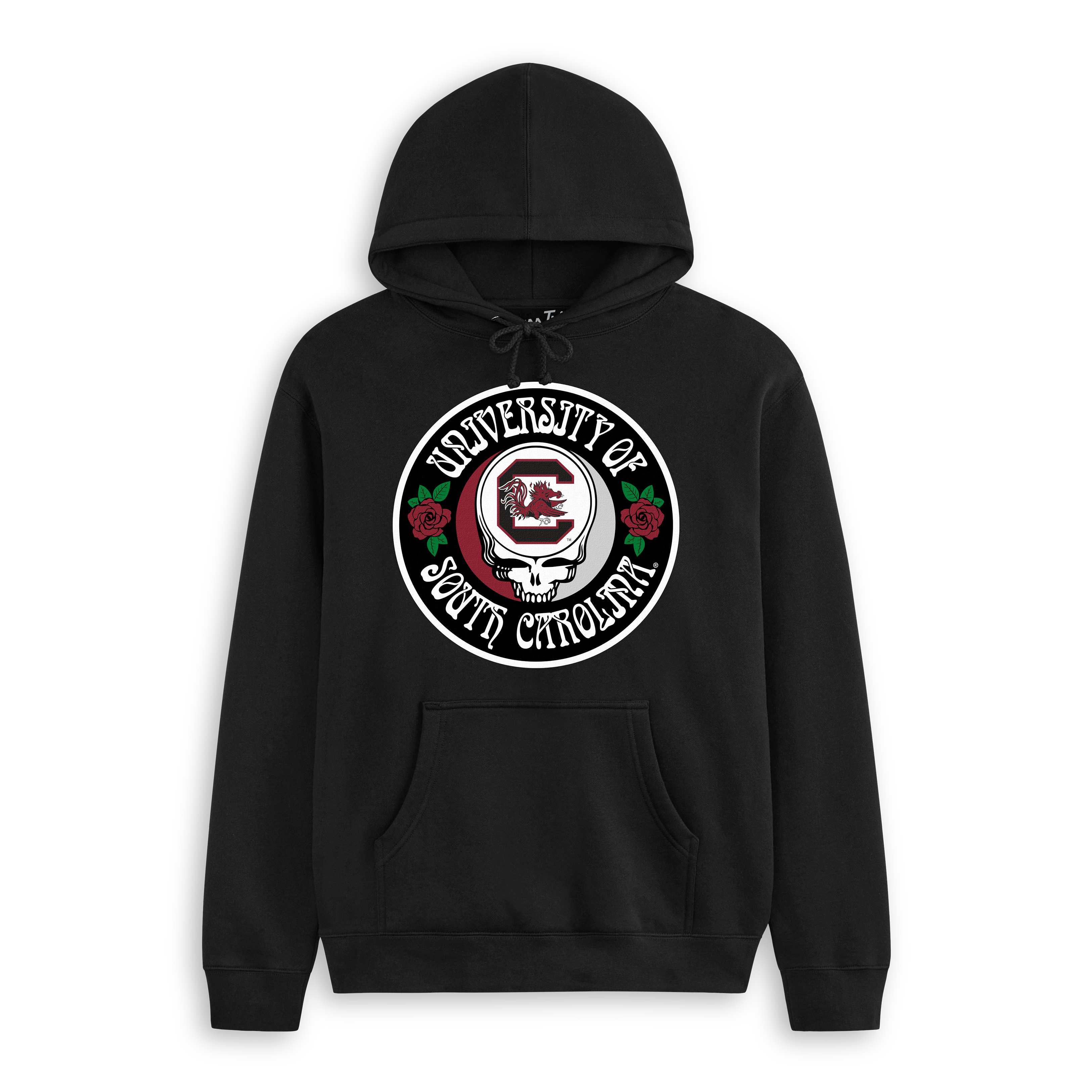 Black hoodie with University of South Carolina logo, red roses, and skull graphic. Class Trip | Officially Licensed Collegiate Apparel