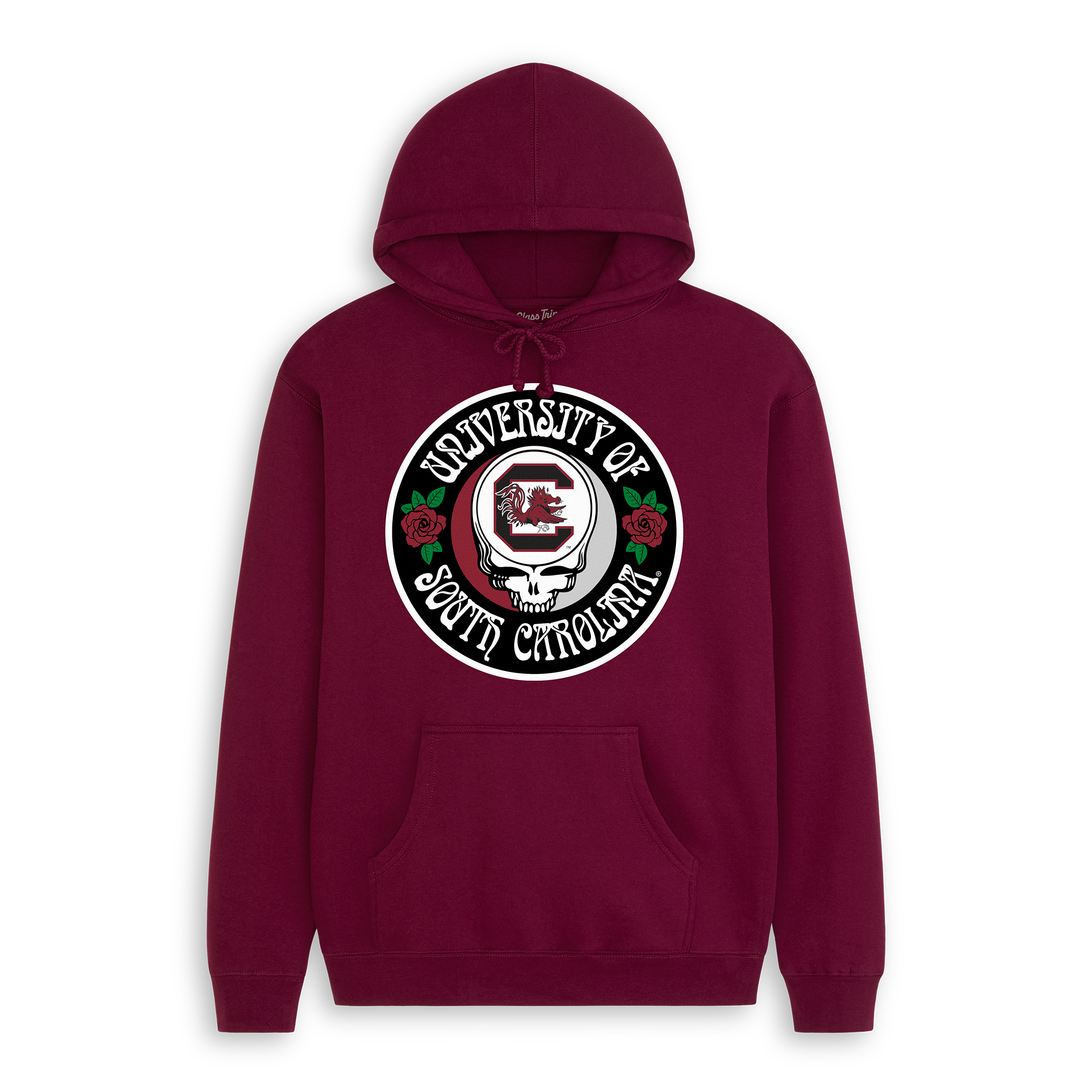 Maroon hoodie featuring University of South Carolina logo, skull and roses graphic. Class Trip | Officially Licensed Collegiate Apparel