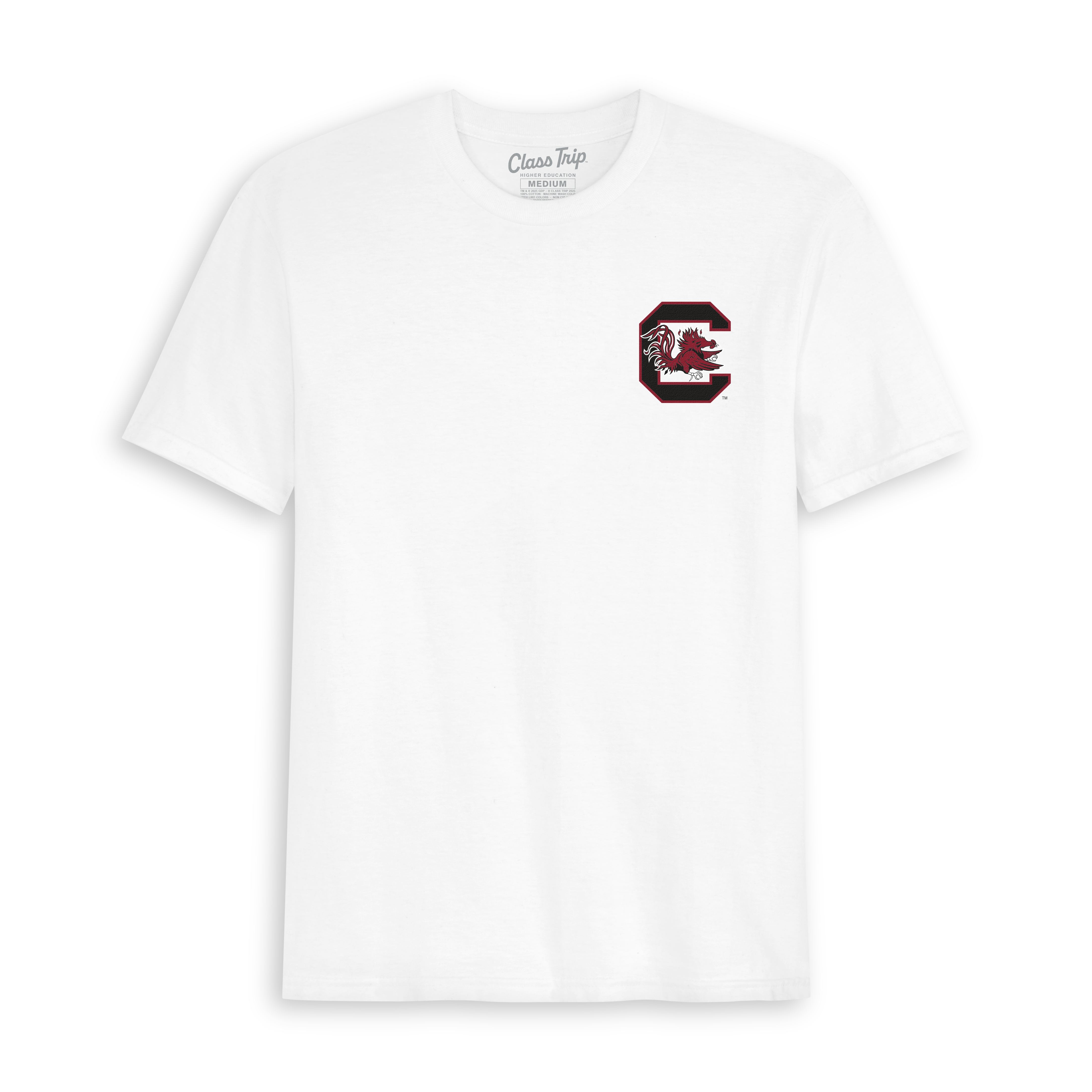 White t-shirt with South Carolina Gamecocks logo on chest. Class Trip | Officially Licensed Collegiate Apparel