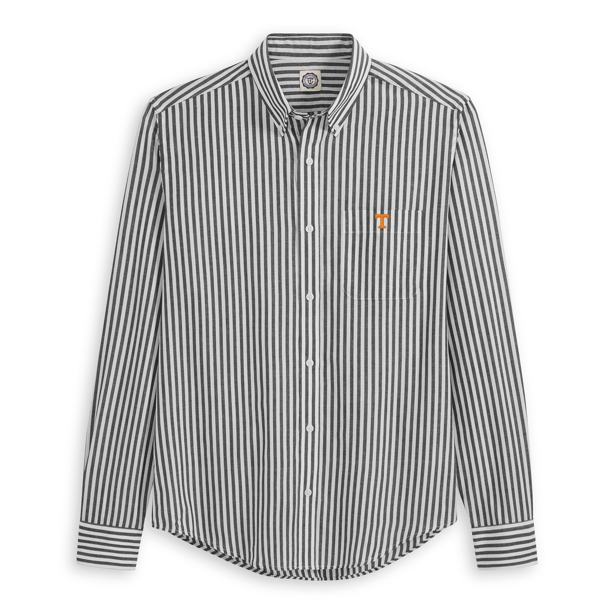Men's black and white striped button-up shirt with orange embroidered logo on chest pocket. Class Trip | Officially Licensed Collegiate Apparel