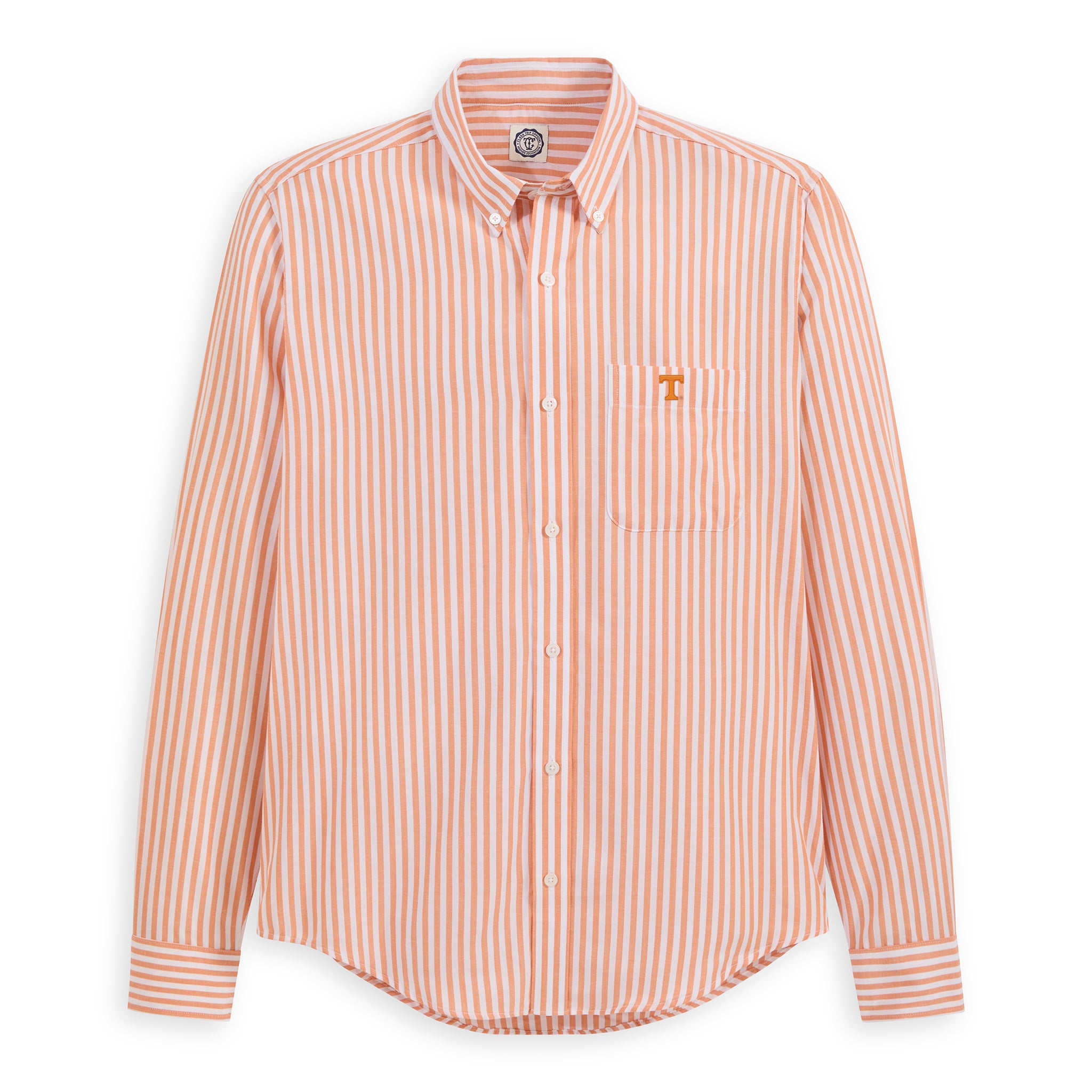 Men's orange and white striped button-down poplin shirt with chest pocket T logo. Class Trip | Officially Licensed Collegiate Apparel