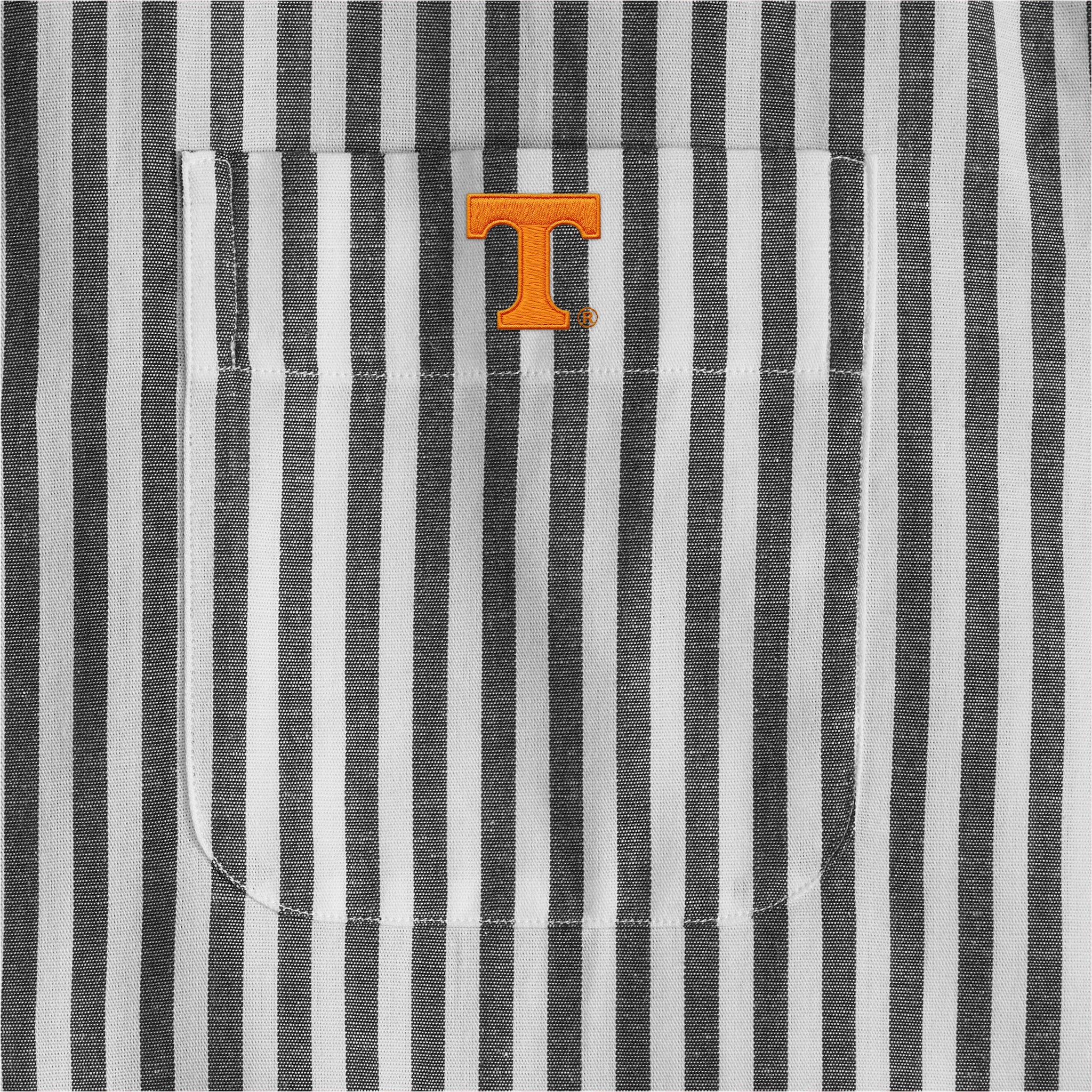 Close-up of black and white striped pocket with embroidered orange collegiate T logo. Class Trip | Officially Licensed Collegiate Apparel