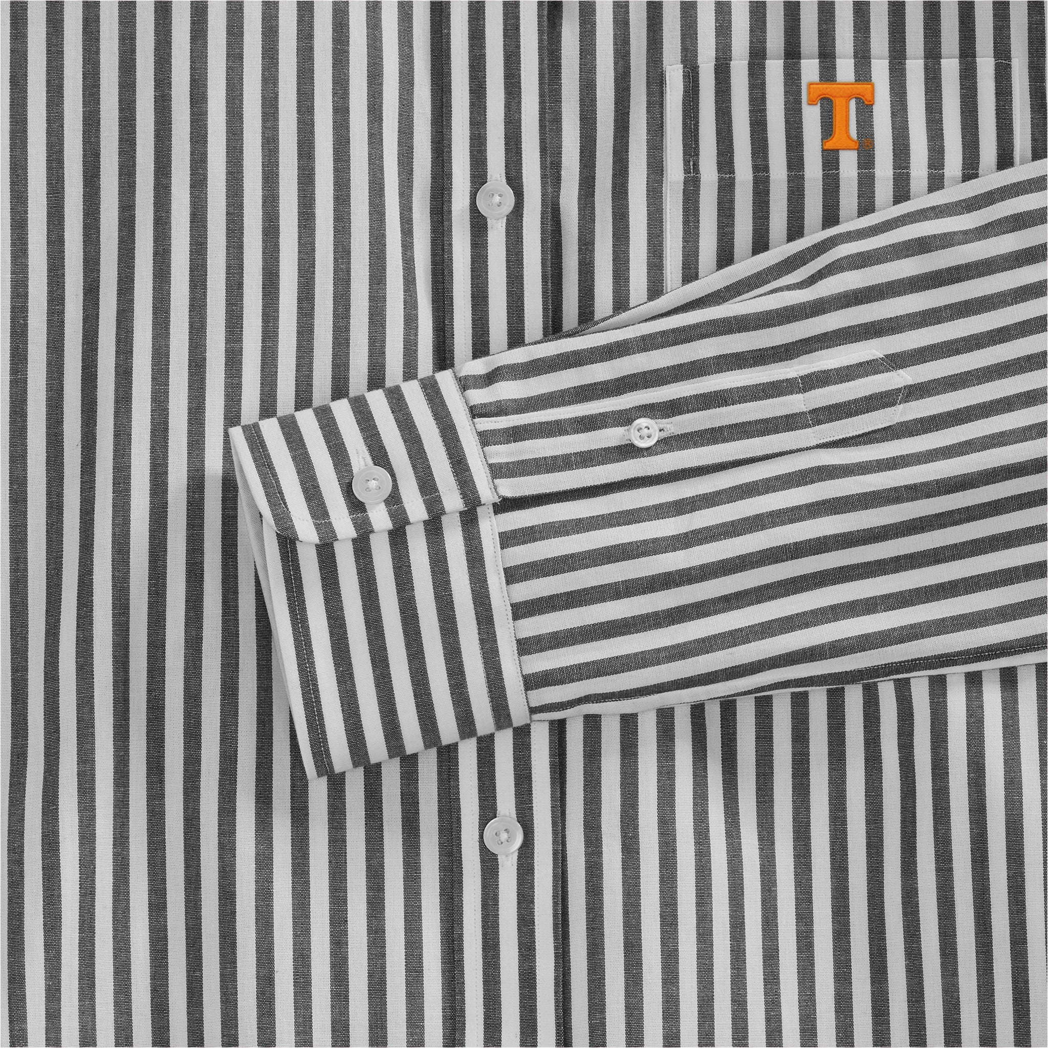 Women's black and white striped poplin shirt with orange collegiate T embroidery, button detail. Class Trip | Officially Licensed Collegiate Apparel