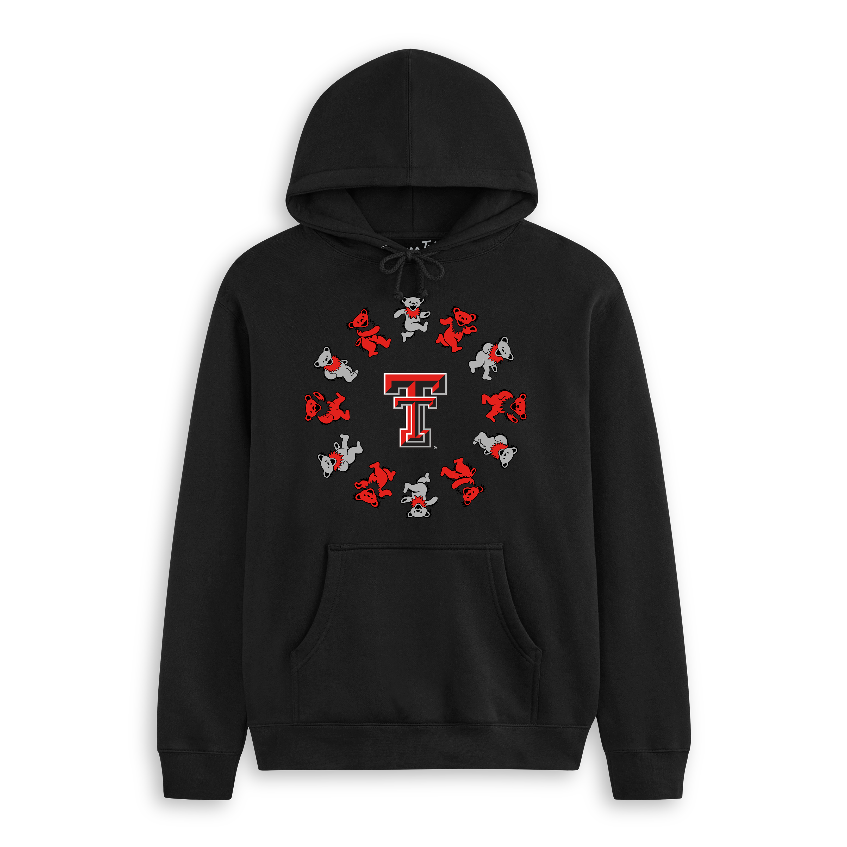Black hoodie featuring Texas Tech double T logo with red and gray dancing bears circle graphic. Class Trip | Officially Licensed Collegiate Apparel