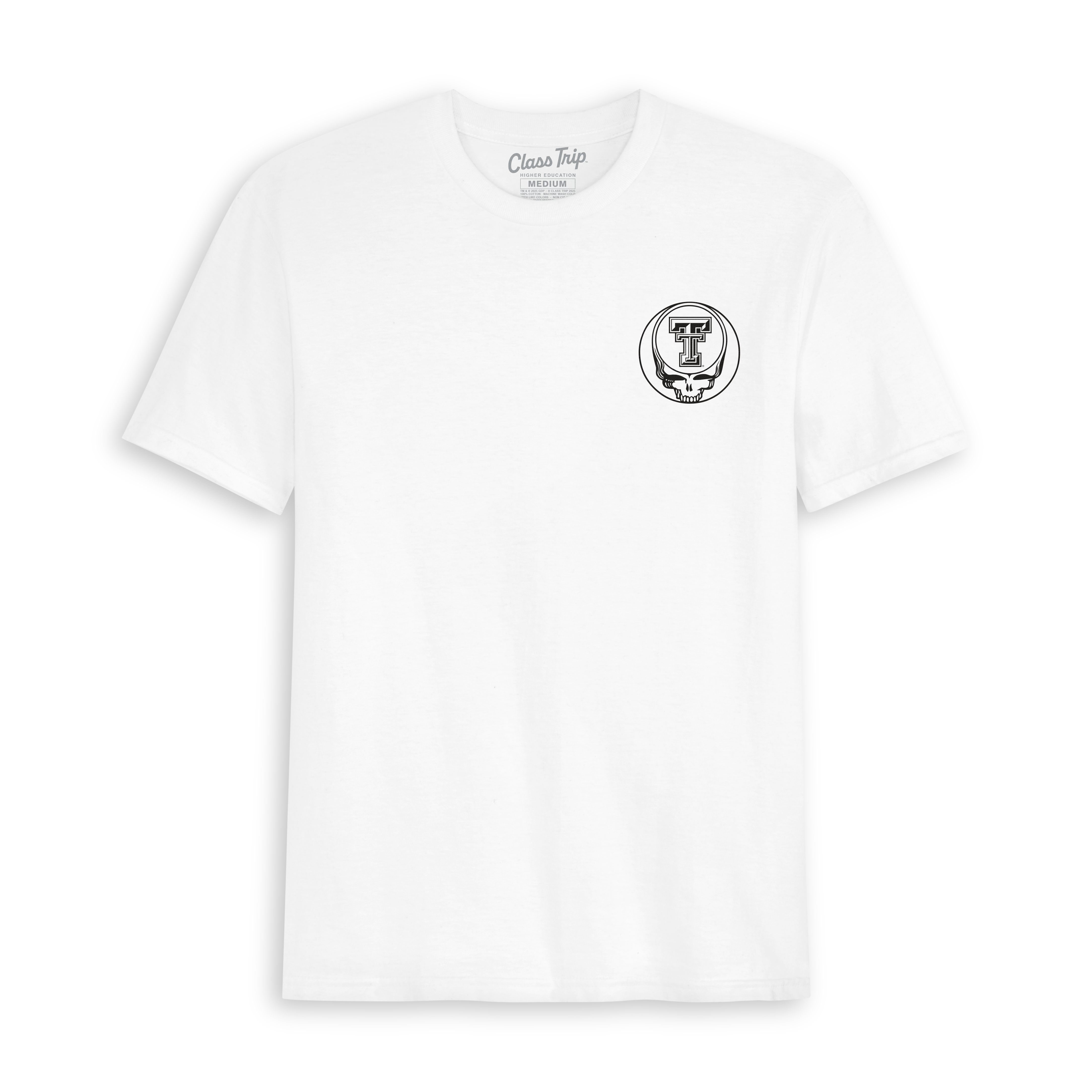 White collegiate graphic tee with Texas Tech and skull motif on chest. Class Trip | Officially Licensed Collegiate Apparel