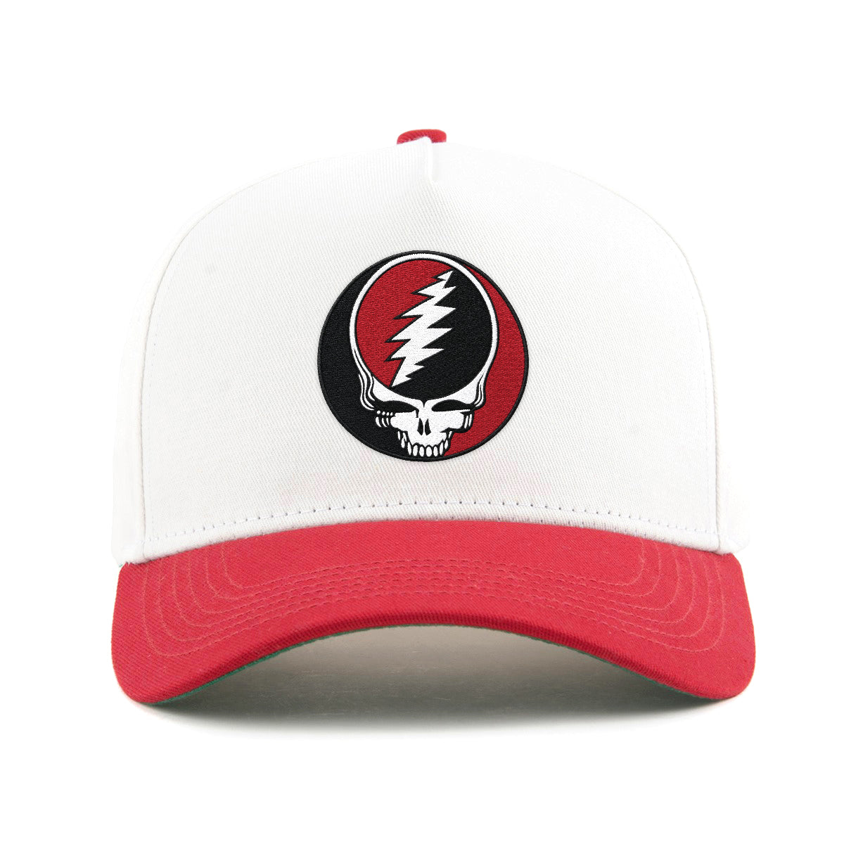 White and red trucker hat with Grateful Dead Steal Your Face skull logo. Class Trip | Officially Licensed Collegiate Apparel