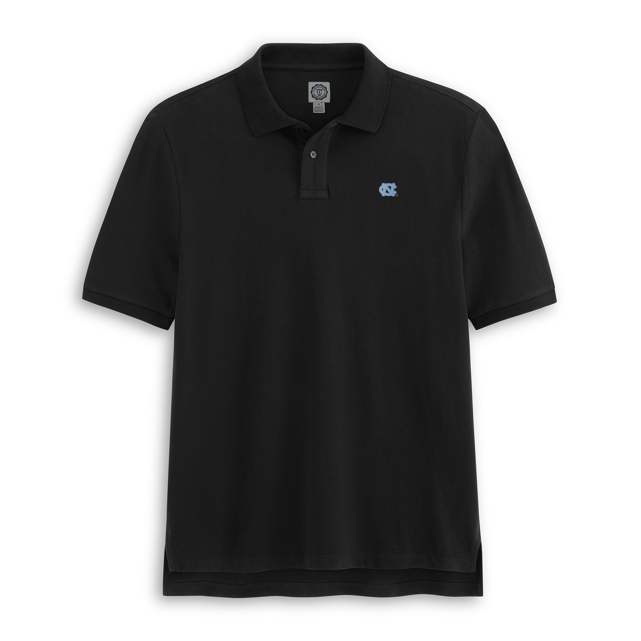 Black UNC polo shirt with light blue logo, collegiate apparel for campus style. Class Trip | Officially Licensed Collegiate Apparel