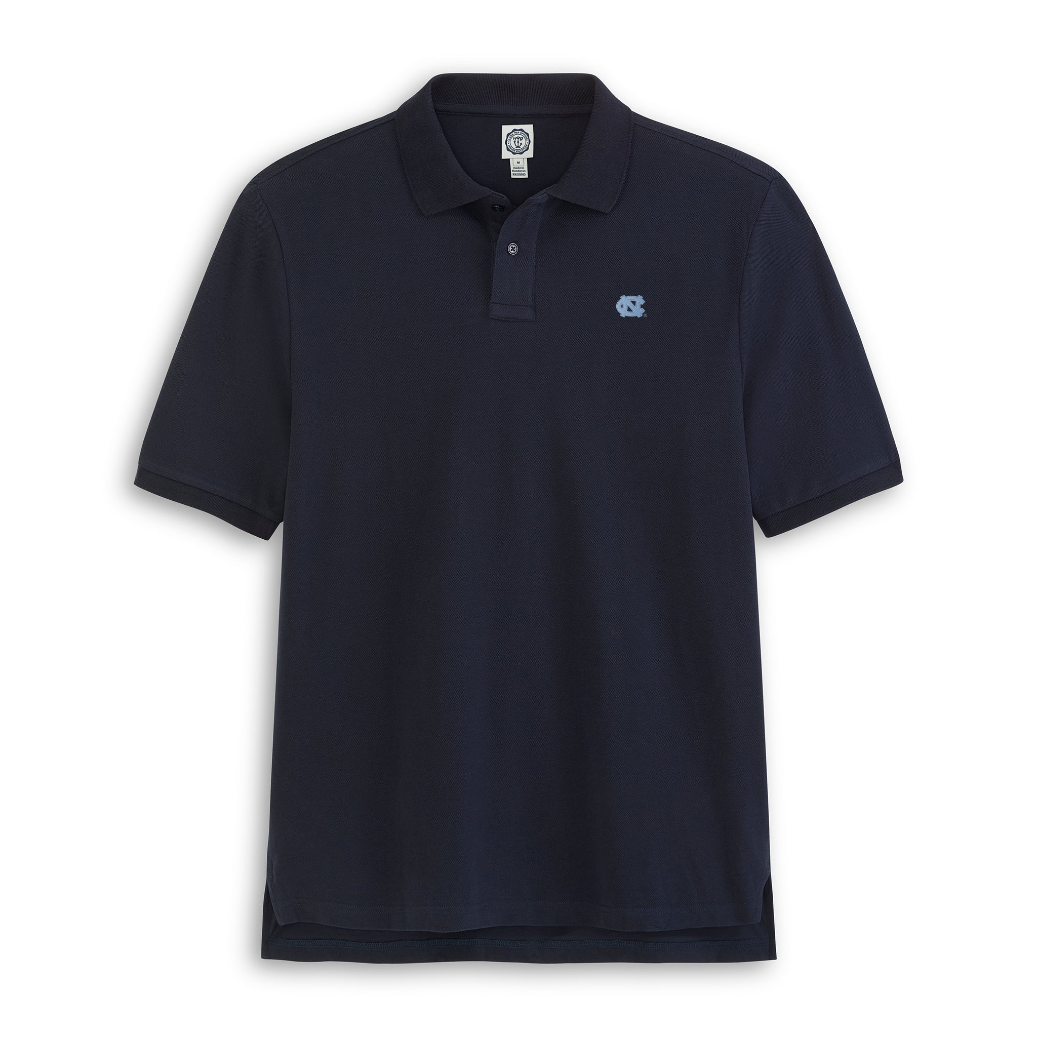 Navy blue UNC polo shirt with light blue logo, classic fit, officially licensed collegiate apparel. Class Trip | Officially Licensed Collegiate Apparel