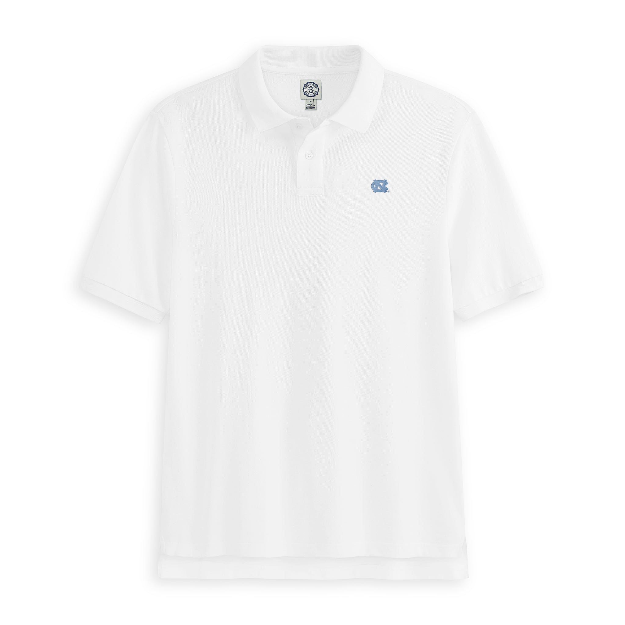 White UNC polo shirt with embroidered logo, collegiate apparel. Class Trip | Officially Licensed Collegiate Apparel