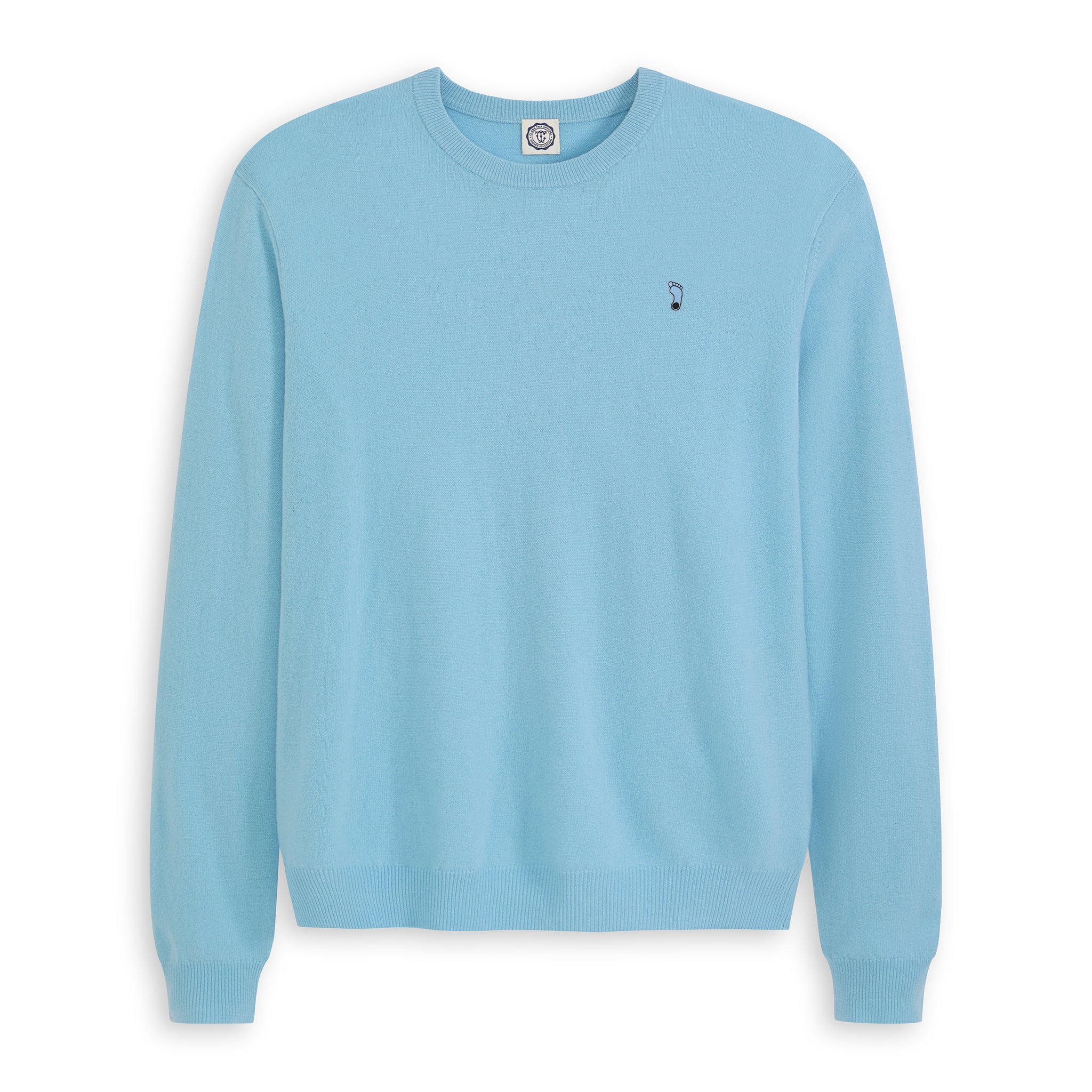 Men's baby blue merino wool collegiate sweater with embroidered logo, crew neck. Class Trip | Officially Licensed Collegiate Apparel