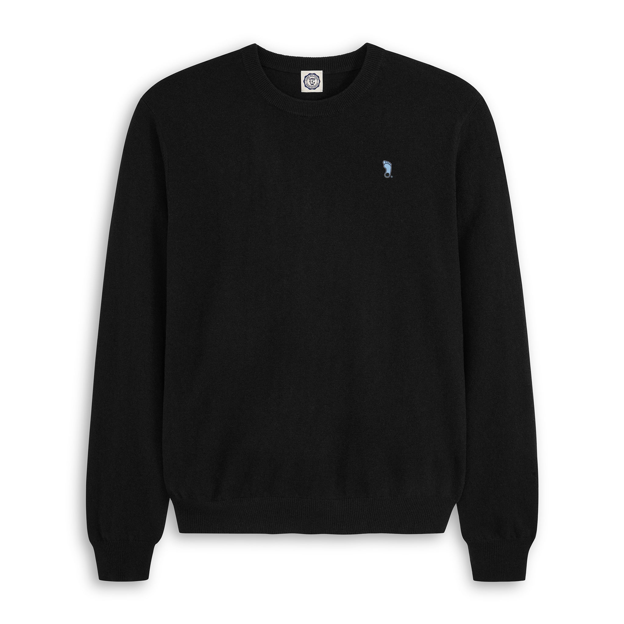 Men's black merino wool crewneck sweater with small blue logo on chest, Class Trip | Officially Licensed Collegiate Apparel