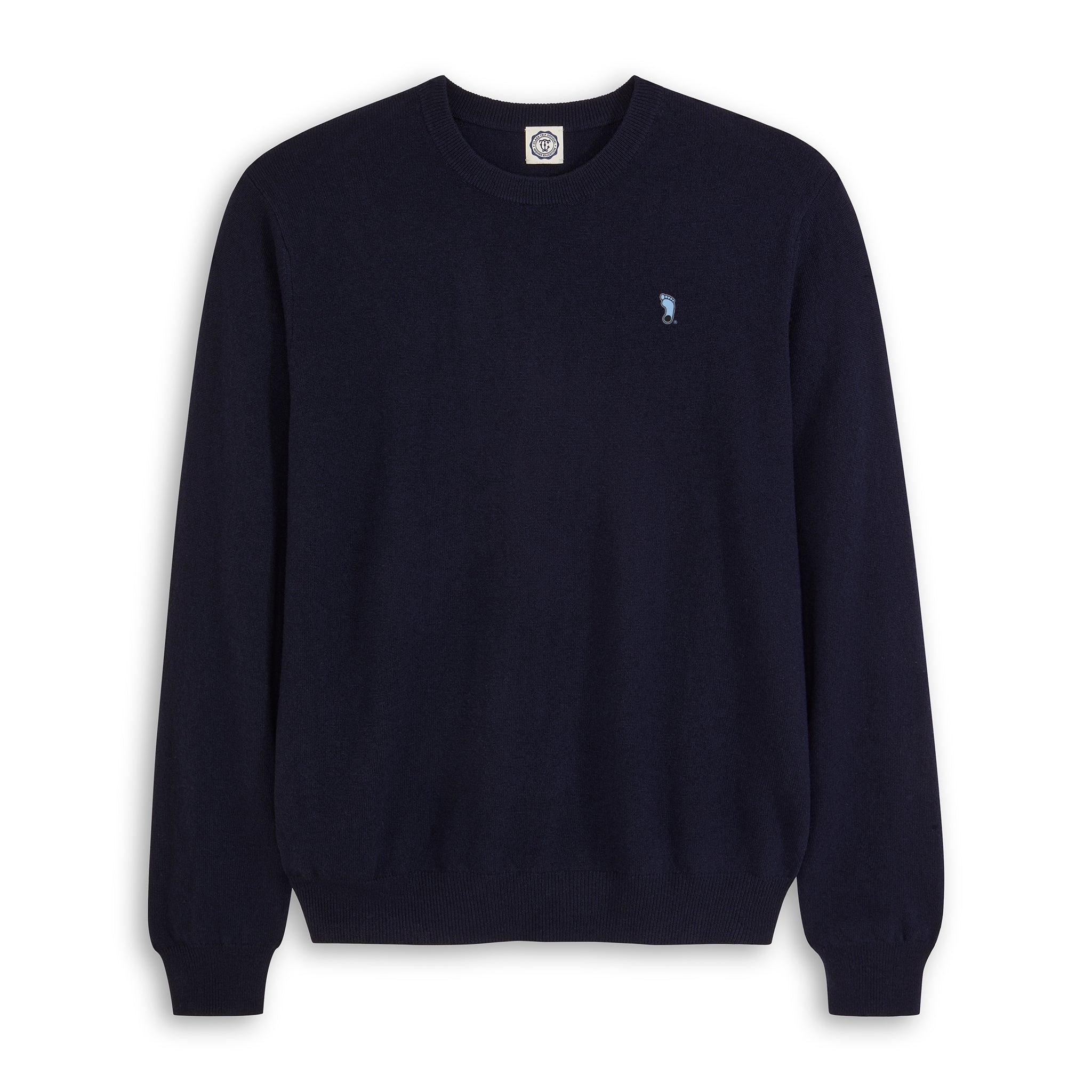 Navy crewneck sweater with small foot logo, premium collegiate apparel. Class Trip | Officially Licensed Collegiate Apparel