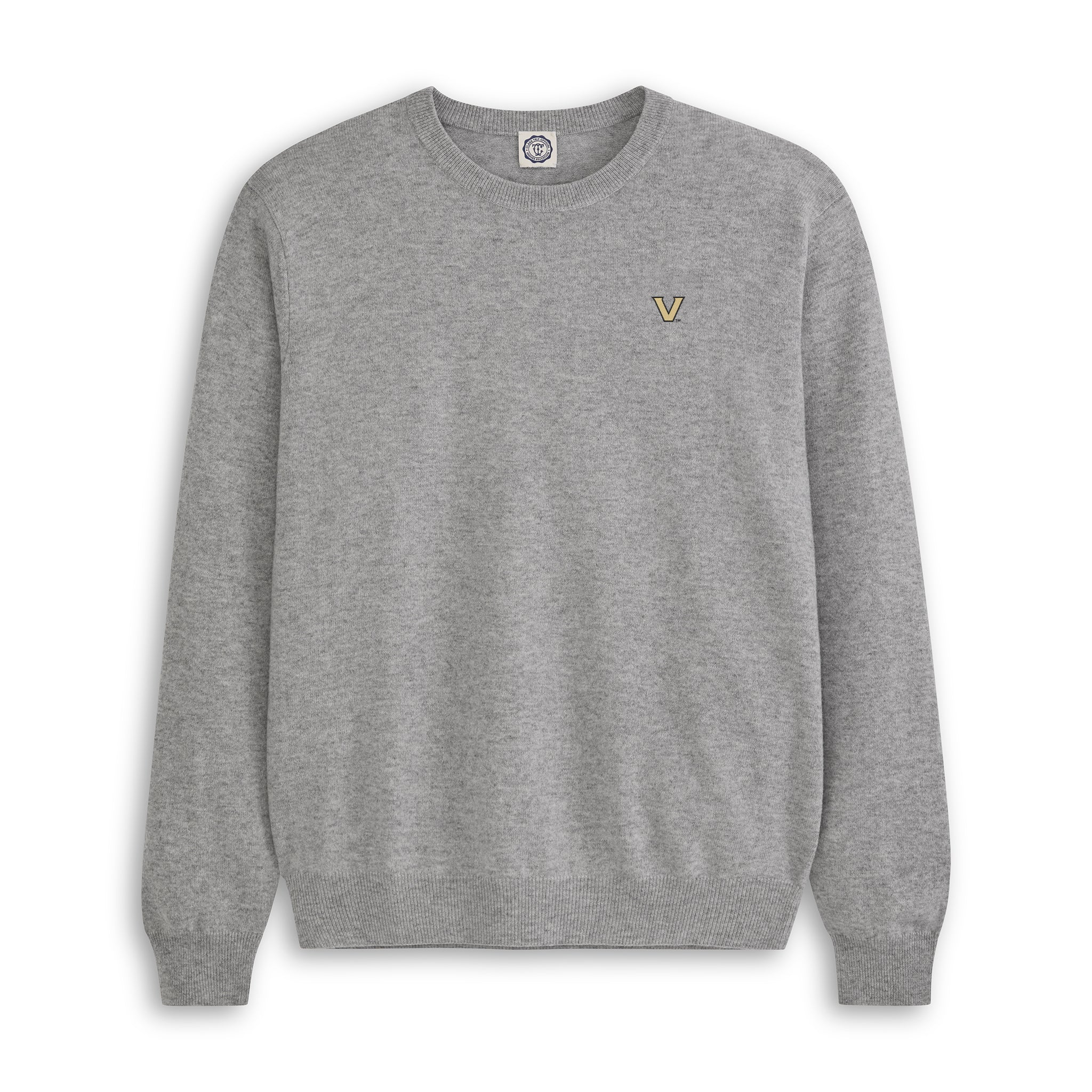 Men's grey merino crewneck sweater with gold varsity letter V logo, Class Trip | Officially Licensed Collegiate Apparel
