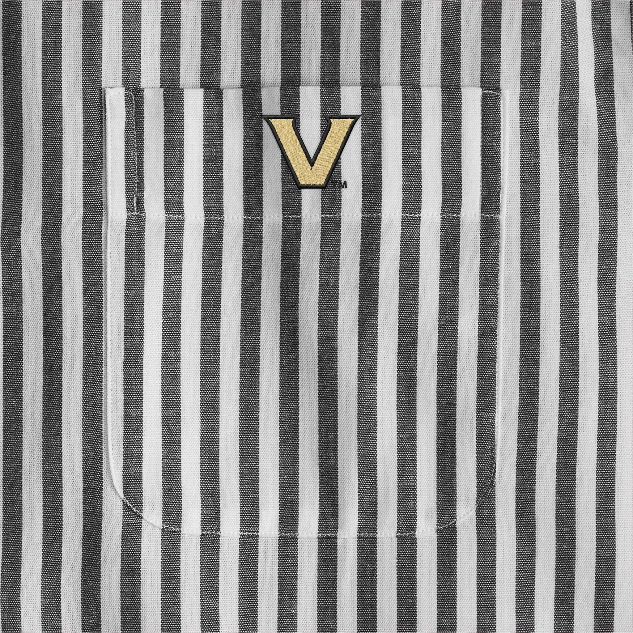 Close-up of black and white striped shirt pocket with gold collegiate V logo, Class Trip | Officially Licensed Collegiate Apparel