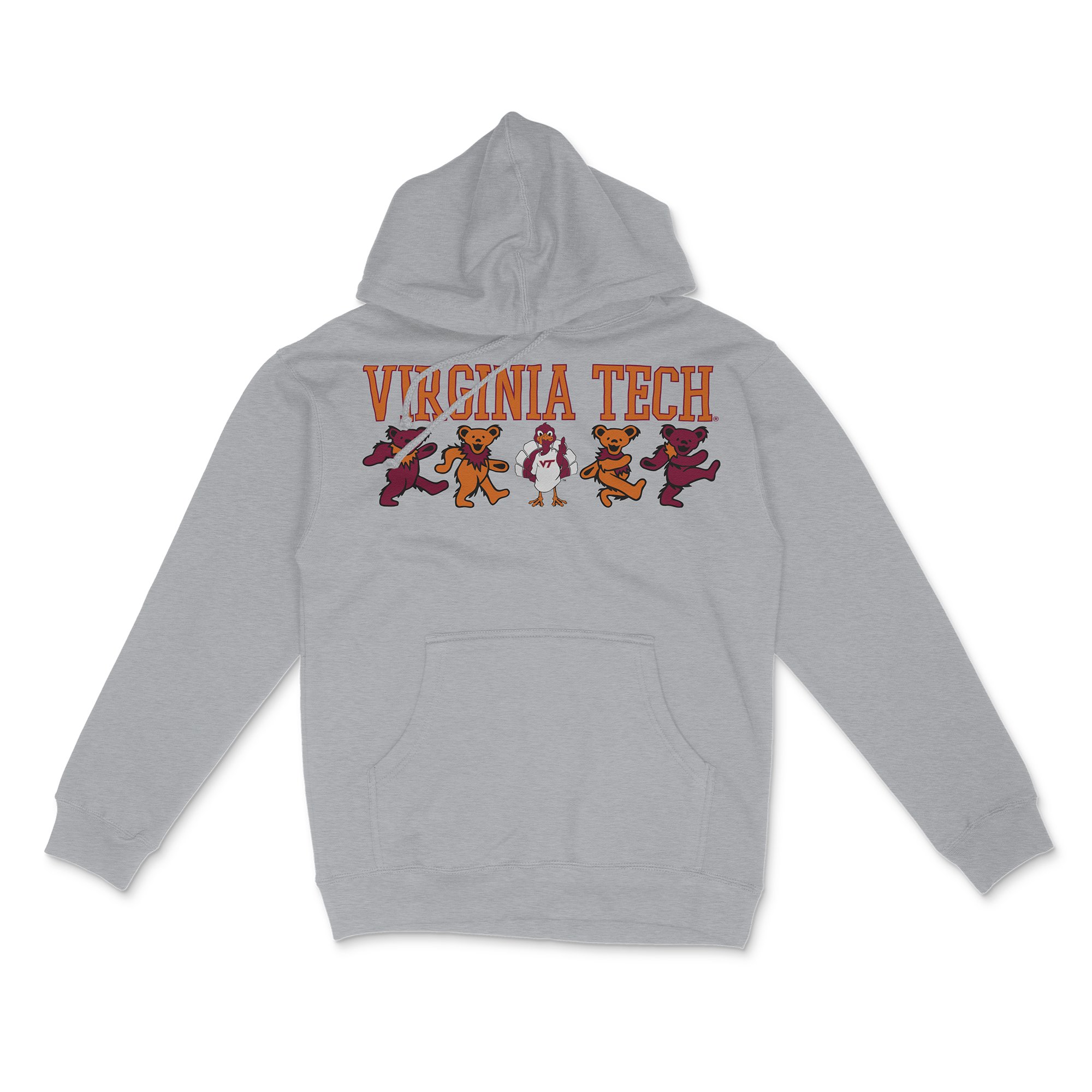 Gray Virginia Tech hoodie with dancing bear mascots graphic. Class Trip | Officially Licensed Collegiate Apparel