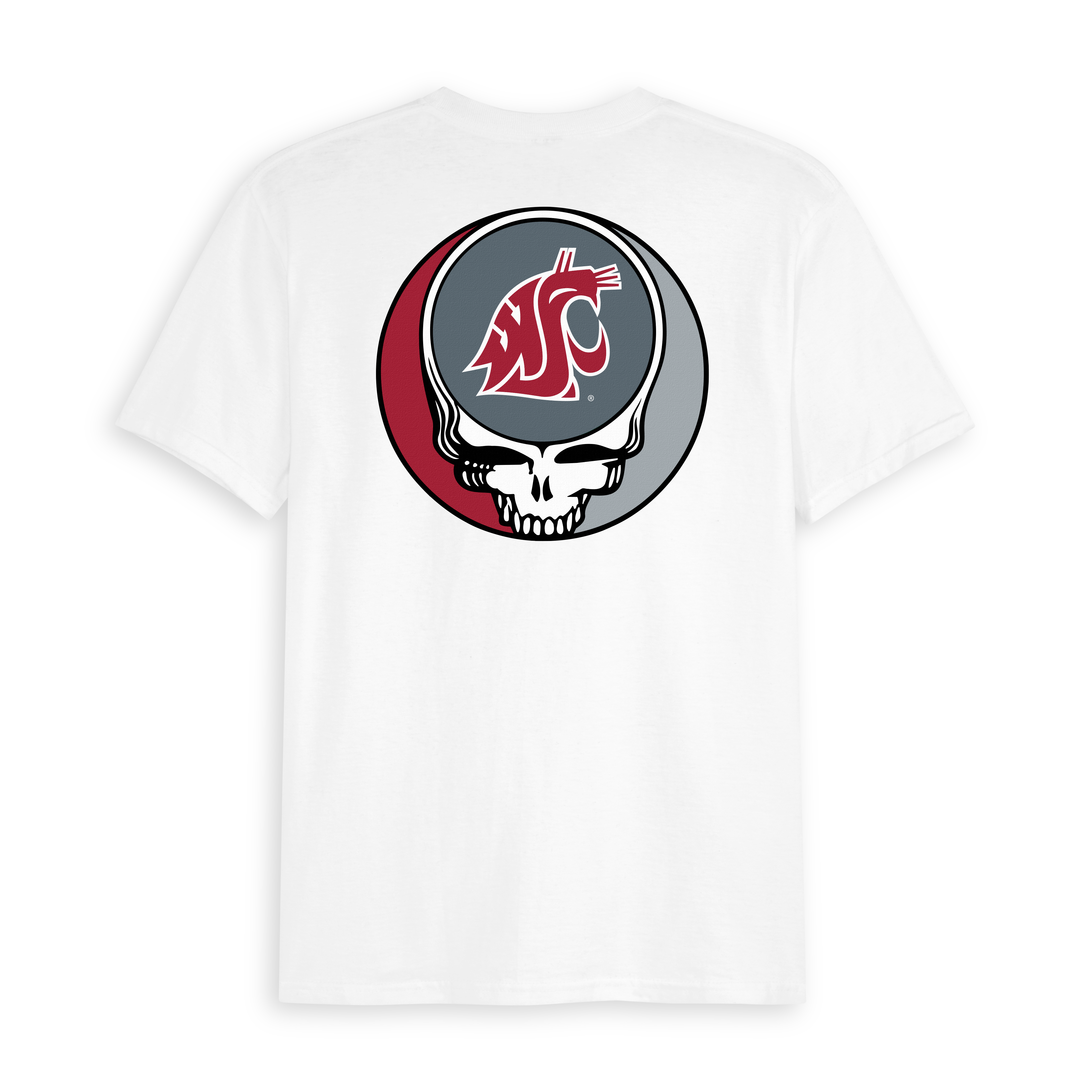 White t-shirt with Washington State University cougar logo and Grateful Dead skull graphic on back. Class Trip | Officially Licensed Collegiate Apparel