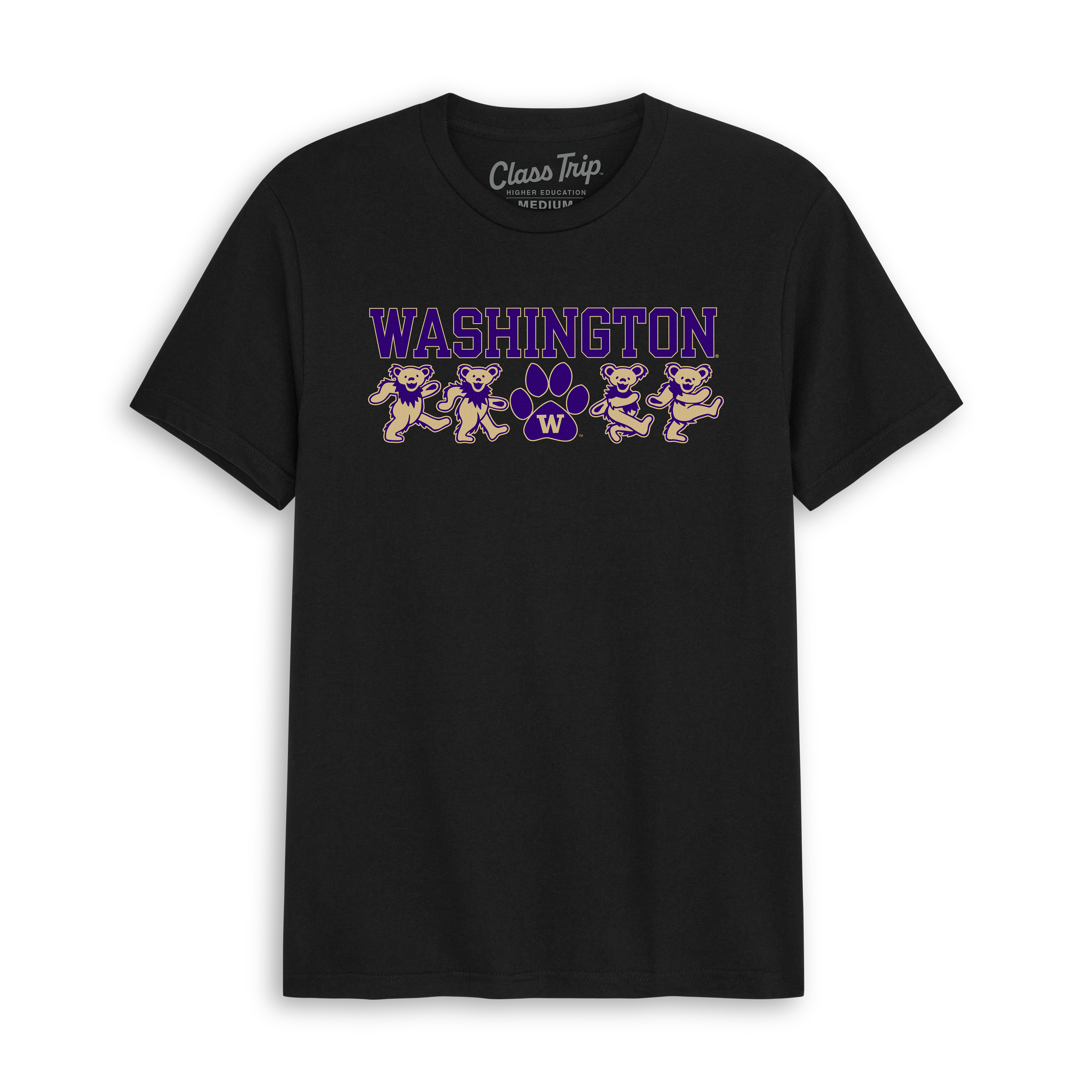 Black Washington t-shirt with Grateful Dead dancing bears and purple paw logo. Class Trip | Officially Licensed Collegiate Apparel