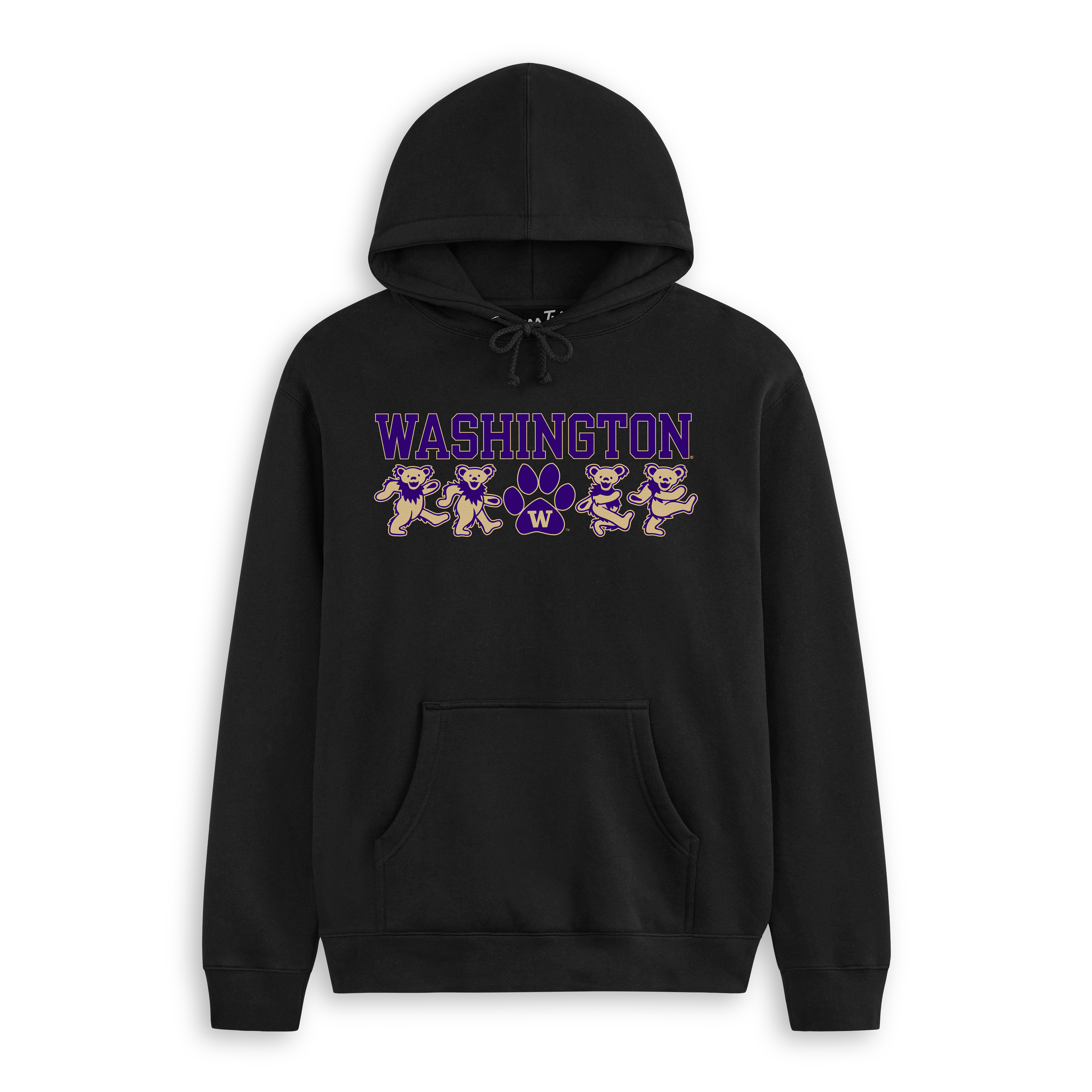 Black Washington hoodie featuring Grateful Dead mascot bears and purple collegiate text. Class Trip | Officially Licensed Collegiate Apparel