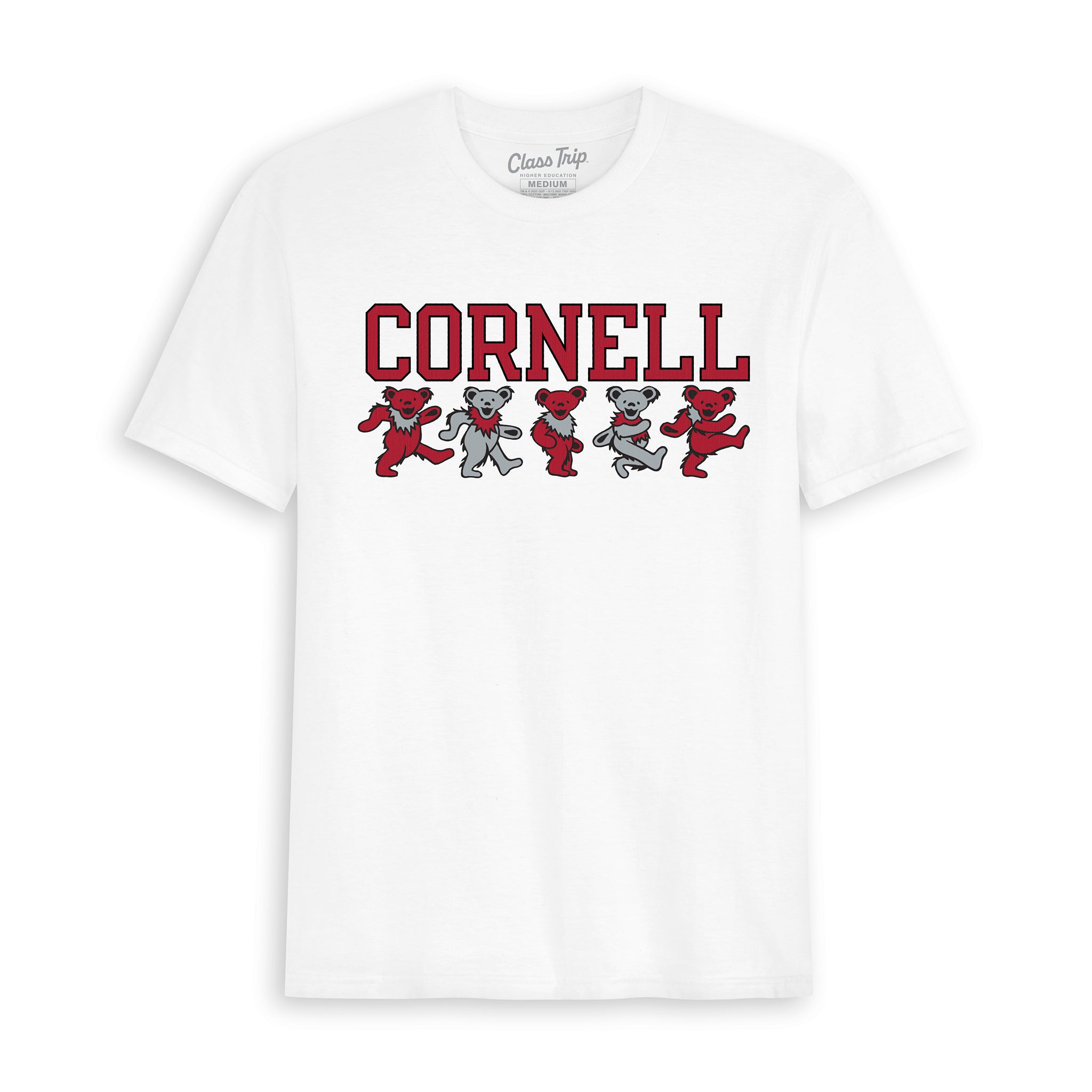 White Cornell t-shirt with red and grey dancing bears, officially licensed collegiate apparel | Class Trip | Officially Licensed Collegiate Apparel